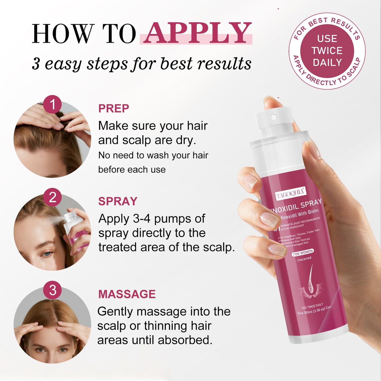 5% Minoxidil for Women Hair Regrowth Spray, hers hair regrowth treatment Infused with Biotin, Extra Strength Treatment to Combat Hair Loss and Thinning, 3 Bottles - Medaid International