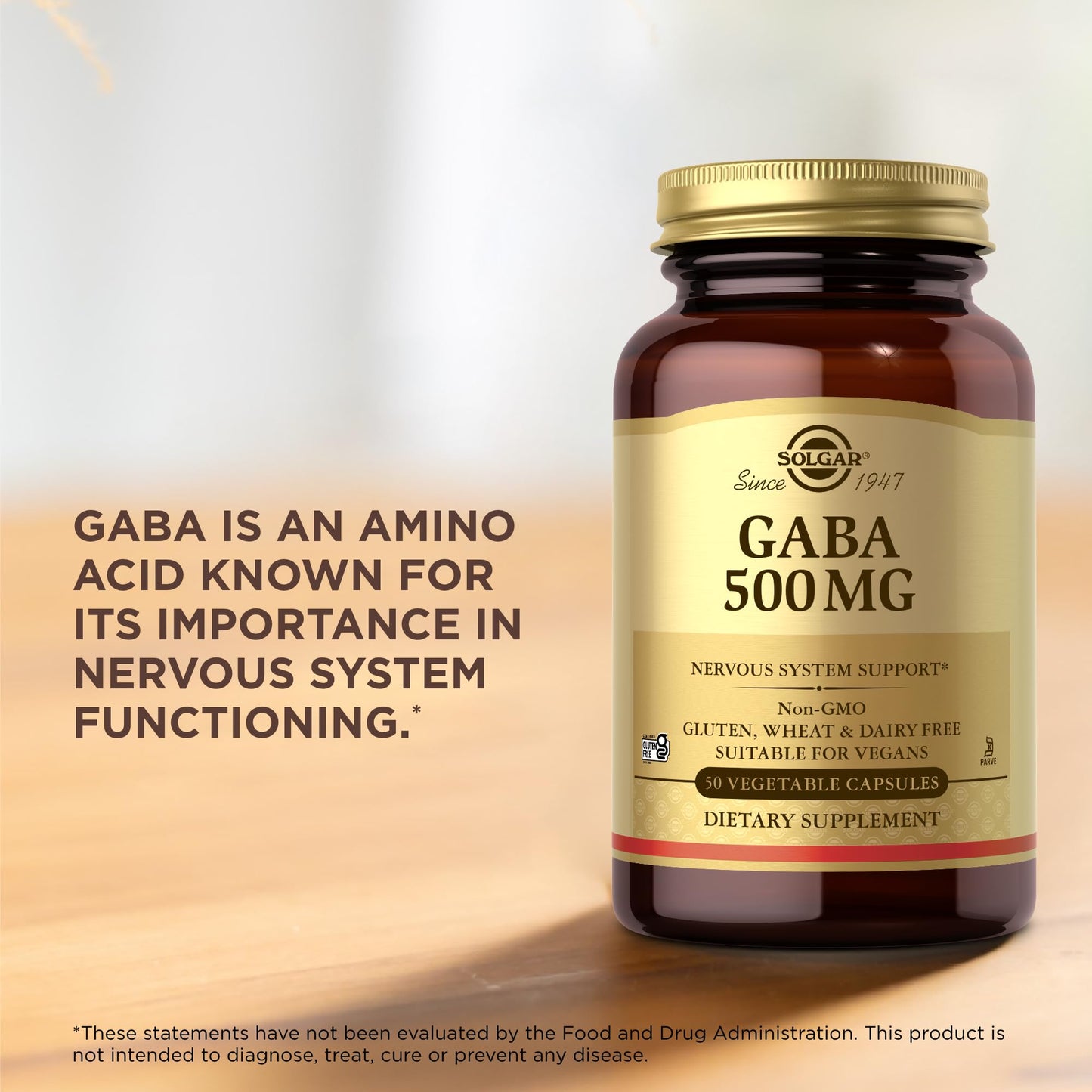 Solgar GABA 500 mg, 50 Vegetable Capsules - Relaxation & Nervous System Support - Amino Acid - Non-GMO, Vegan, Gluten Free, Dairy Free, Kosher - 50 Servings - Medaid International