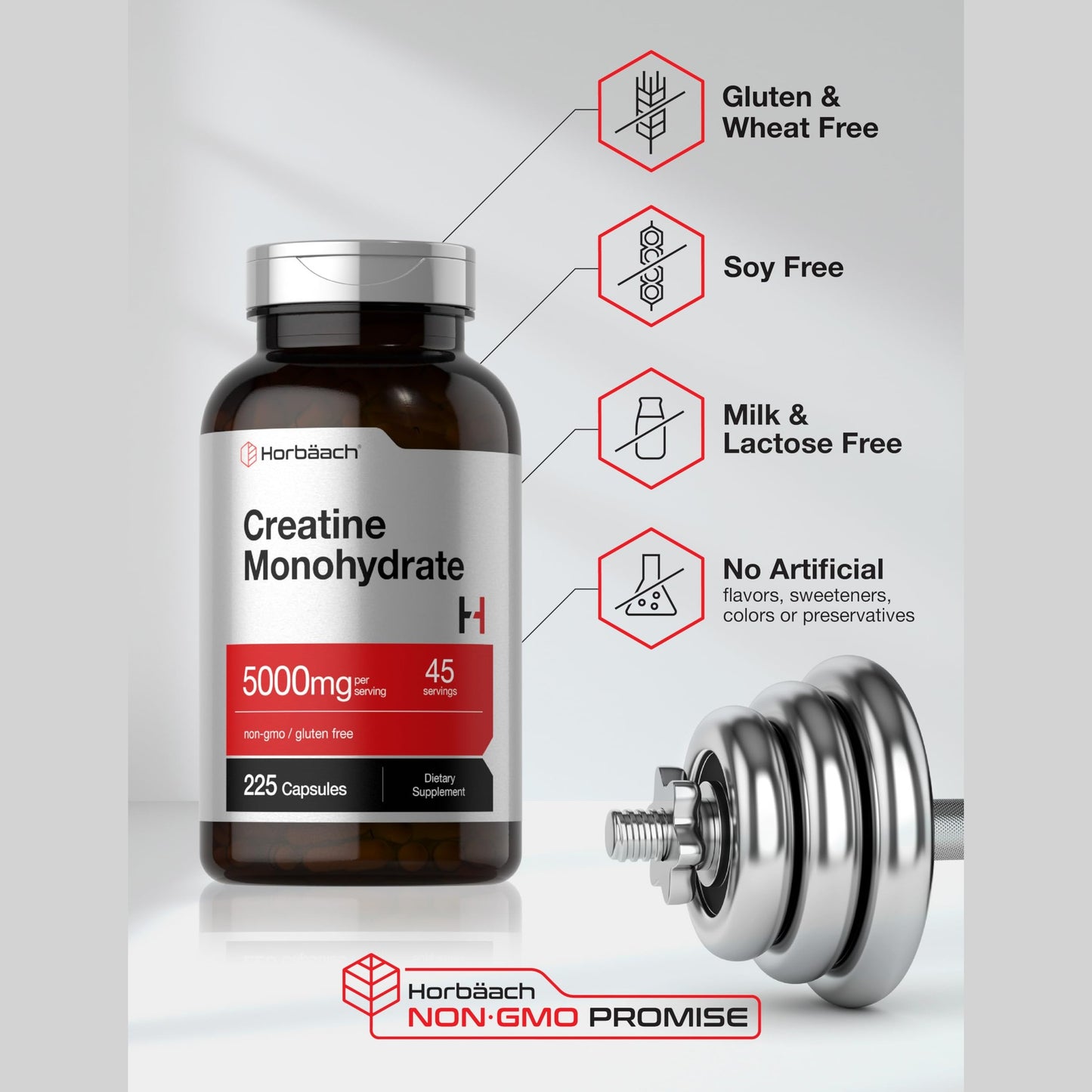 Horbäach Creatine Monohydrate | 5g | 225 Capsules | Non-GMO, Gluten Free Supplement - Medaid International