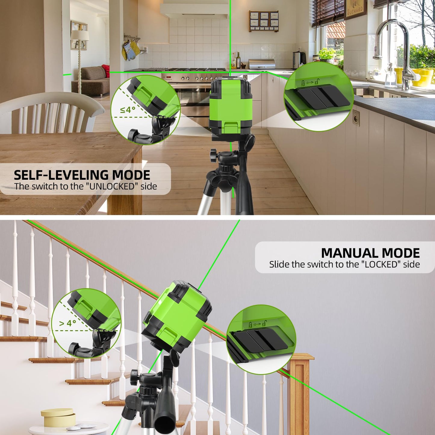 Laser Level with Tripod, HUEPAR 98Ft Self Leveling Laser Level Green Line Laser Cross Line Laser Leveler Tool for Picture Hanging, Tile, Home Renovation, Indoor Project, Battery&Carrying Bag Included - Medaid International