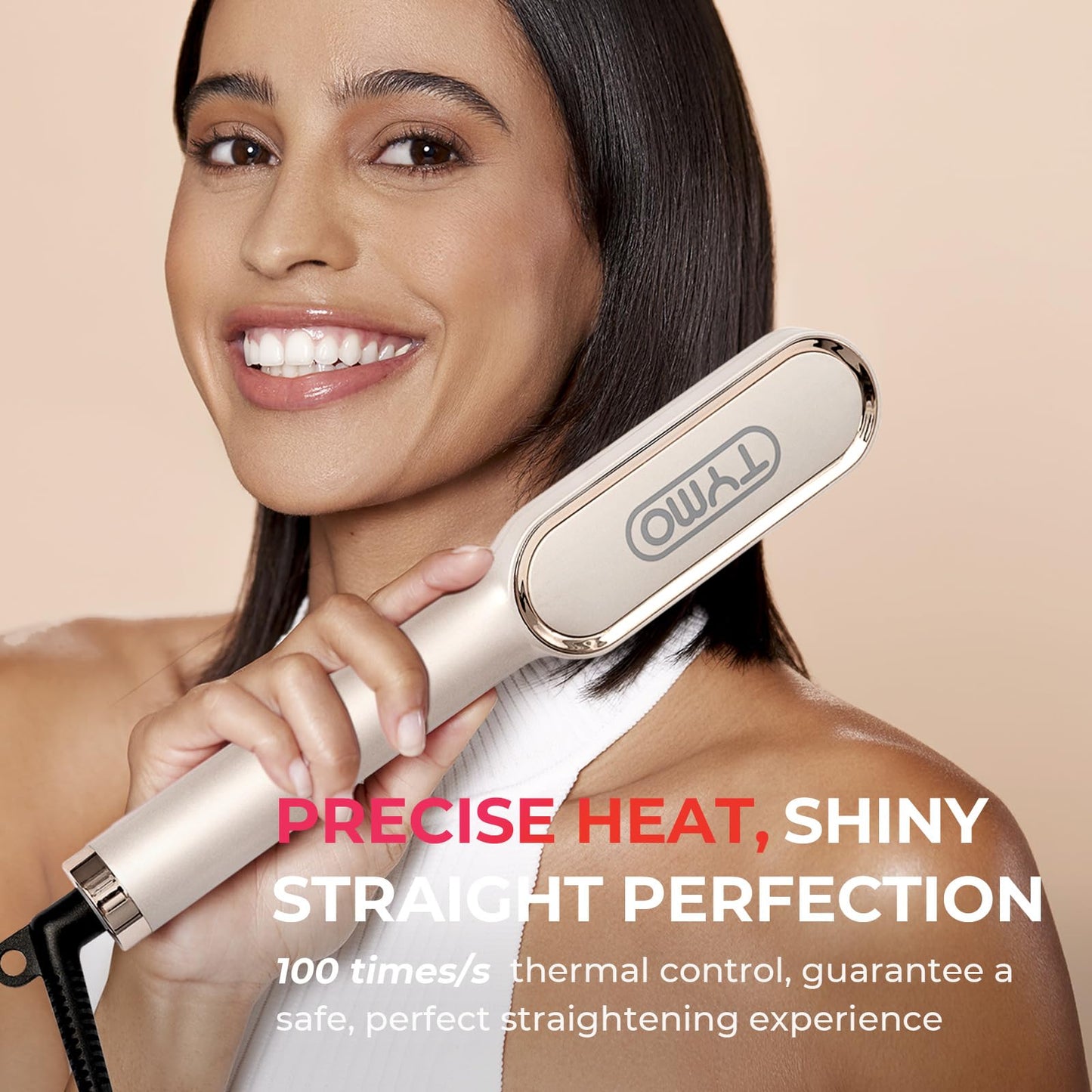Hair Straightener Brush, TYMO Ring Hair Straightener Comb Straightening Brush for Women with 5 Temps 20s Fast Heating & Dual Voltage, Gold - Medaid International