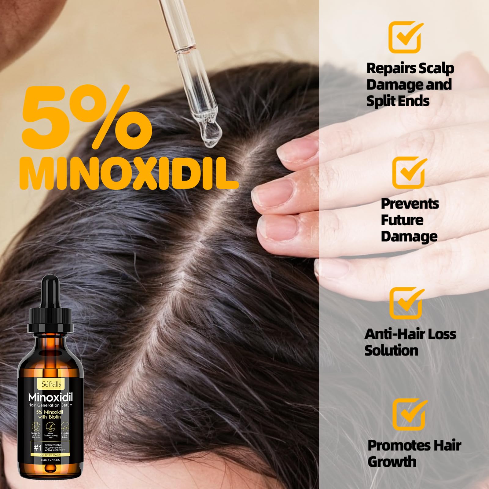 5% Minoxidil Hair Growth Serum Oil For Men and Women, Biotin Hair Serum, Safest Hair Regrowth Treatment, Prevent Scalp Hair Loss 60ml / 2.11 fl.oz - Medaid International