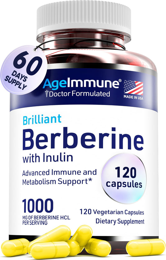 AgeImmune Berberine 1000mg Supplement Complex with Inulin Prebiotic - Each Capsule Contains Berberine 500mg - Doctor Formulated Supplements for High Absorption. - Medaid International