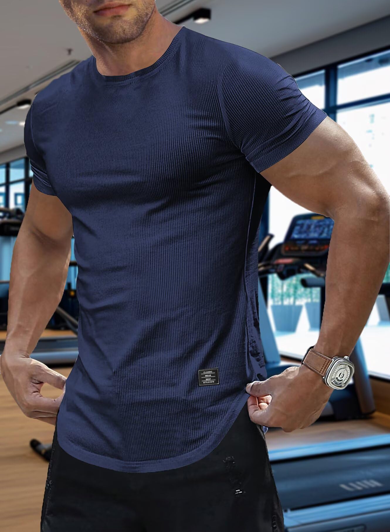 Mens Summer Lightweight T-Shirts Short Sleeve Casual Muscle Tee Textured Shirt（Navy Blue XL - Medaid International