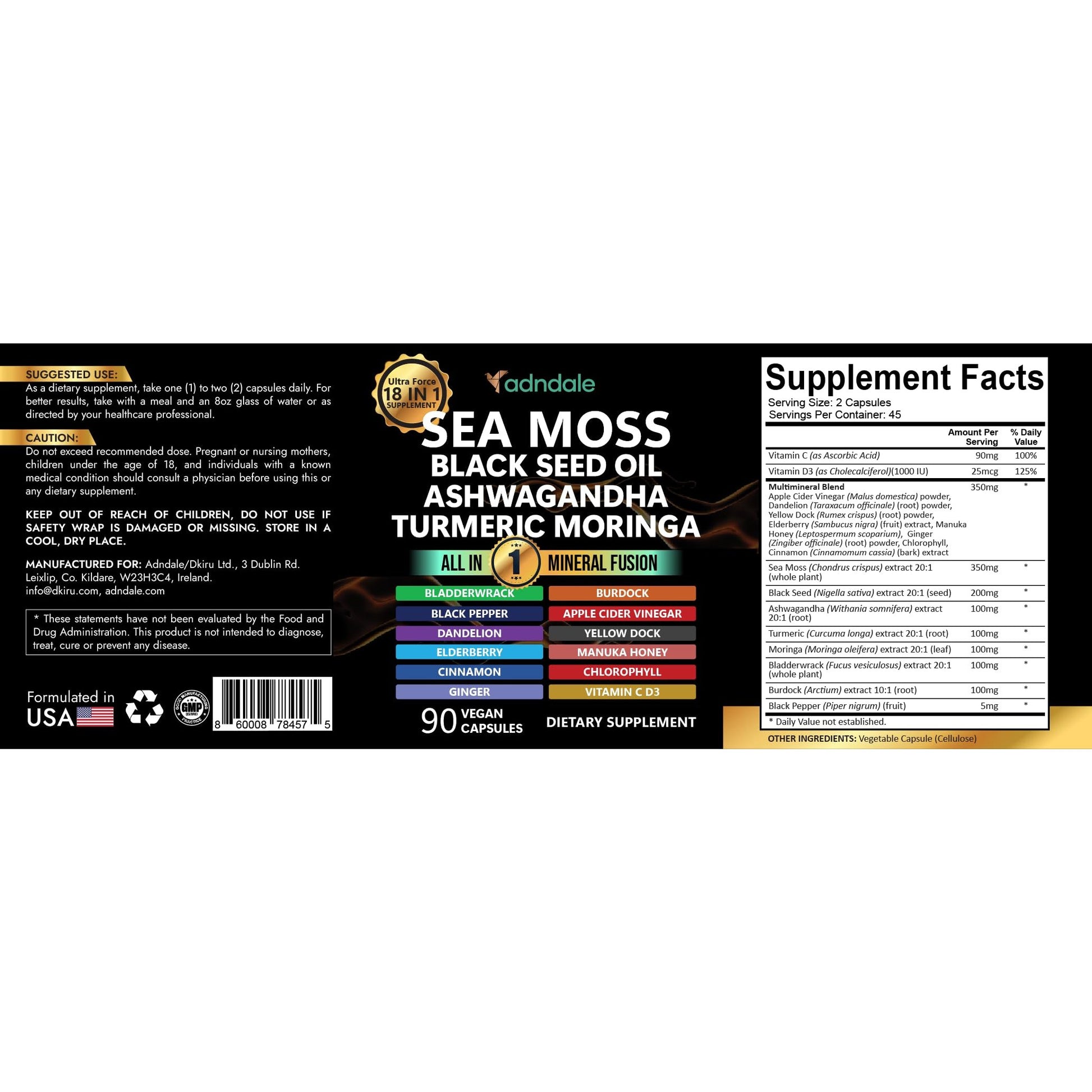 Adndale Sea Moss Black Seed Oil Ashwagandha Ginger Capsules. SeaMoss Capsules with Black Seed Oil, Ashwagandha, Turmeric, Moringa, Bladderwrack, Burdock Root, Manuka Honey, Cinnamon - Medaid International