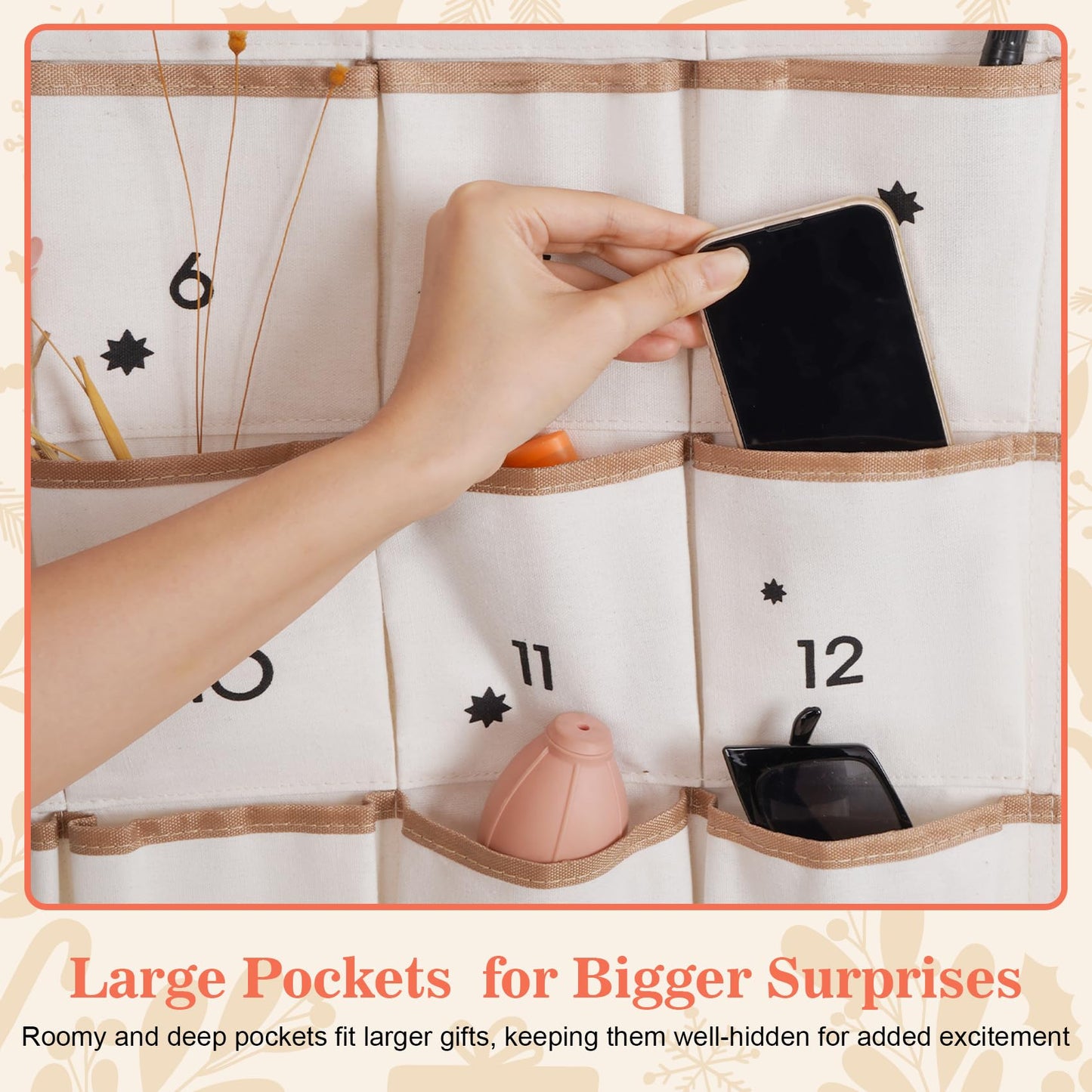 SAVORLIVING Christmas Advent Calendar with 24 Pockets, Reusable Countdown Calendar Storage Bag, Fabric Calendar Wall Hanging Bag for Xmas Holiday Home Wall Decoration (Black) - Medaid International