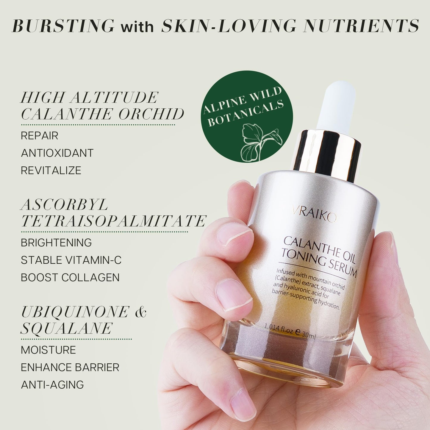 VRAIKO Gua Sha Face Oil Serum | 1st High-Altitude Calanthe Orchid Product | Detox, Plump, Anti-Oxidant, Soothing | Alpine Botanic, Cruelty Free, Natural, 1 fl oz - Medaid International