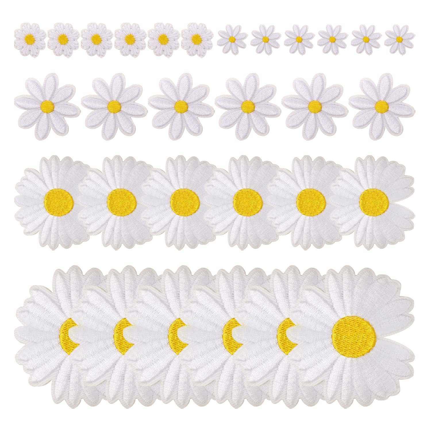 30PCS Sweet Daisy Flower Iron On Sew On Patches Cute Flower Embroidered Appliques for Clothes Hat Bag Jean Decoration and DIY Crafts Making, 5 Sizes - Medaid International