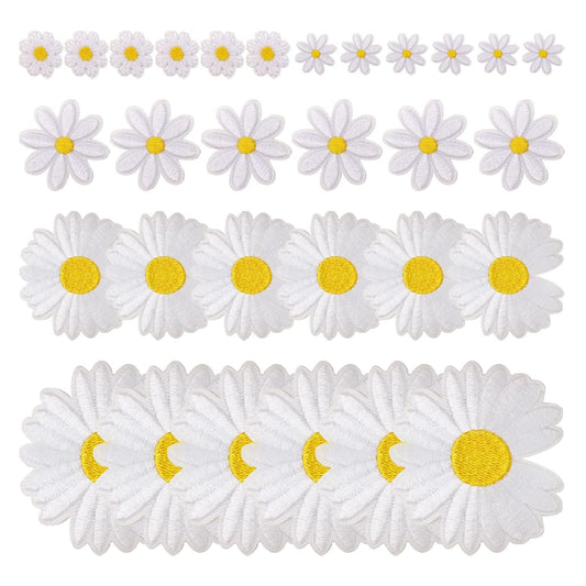 30PCS Sweet Daisy Flower Iron On Sew On Patches Cute Flower Embroidered Appliques for Clothes Hat Bag Jean Decoration and DIY Crafts Making, 5 Sizes - Medaid International