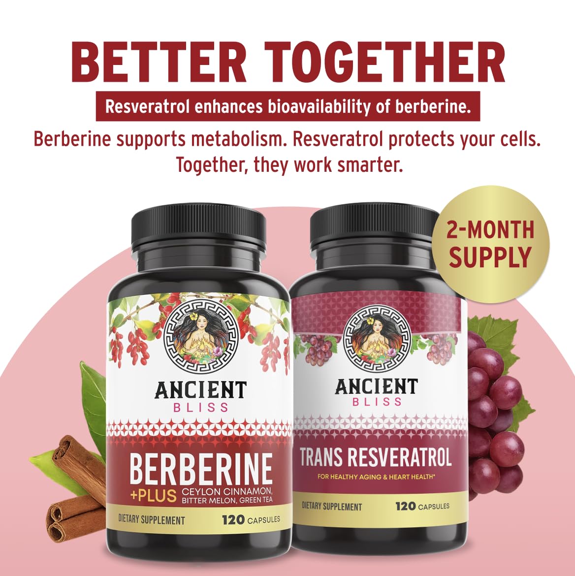 Ancient Bliss Berberine HCL 1200mg with Ceylon Cinnamon, Bitter Melon, and Green Tea Extract - 120 Capsules - Medaid International