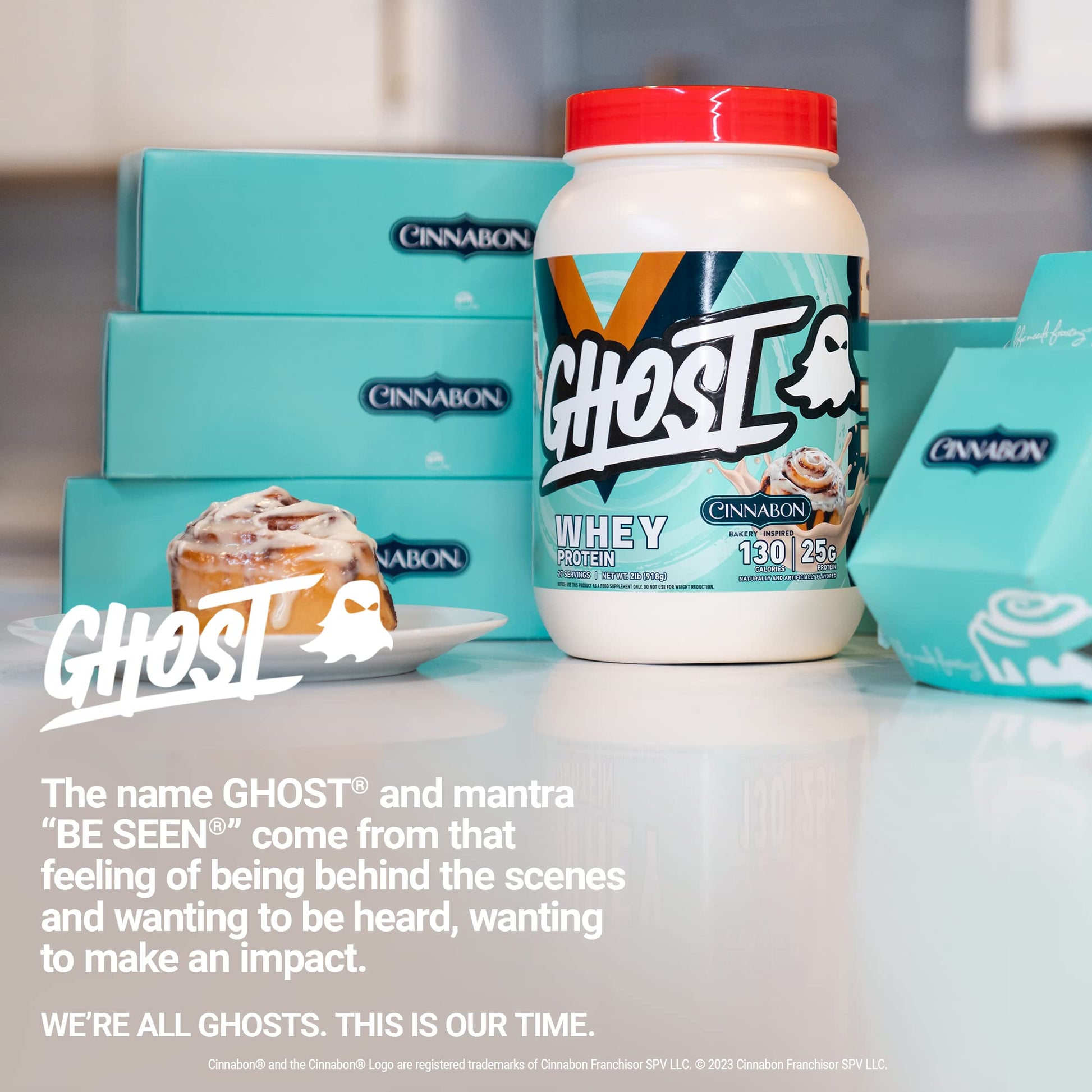 GHOST Whey Protein Powder, Cinnabon - 2LB, 25G of Protein - Cinnamon Roll Flavored Isolate, Concentrate & Hydrolyzed Whey Protein Blend - Post Workout Shakes - Soy & Gluten Free - Medaid International