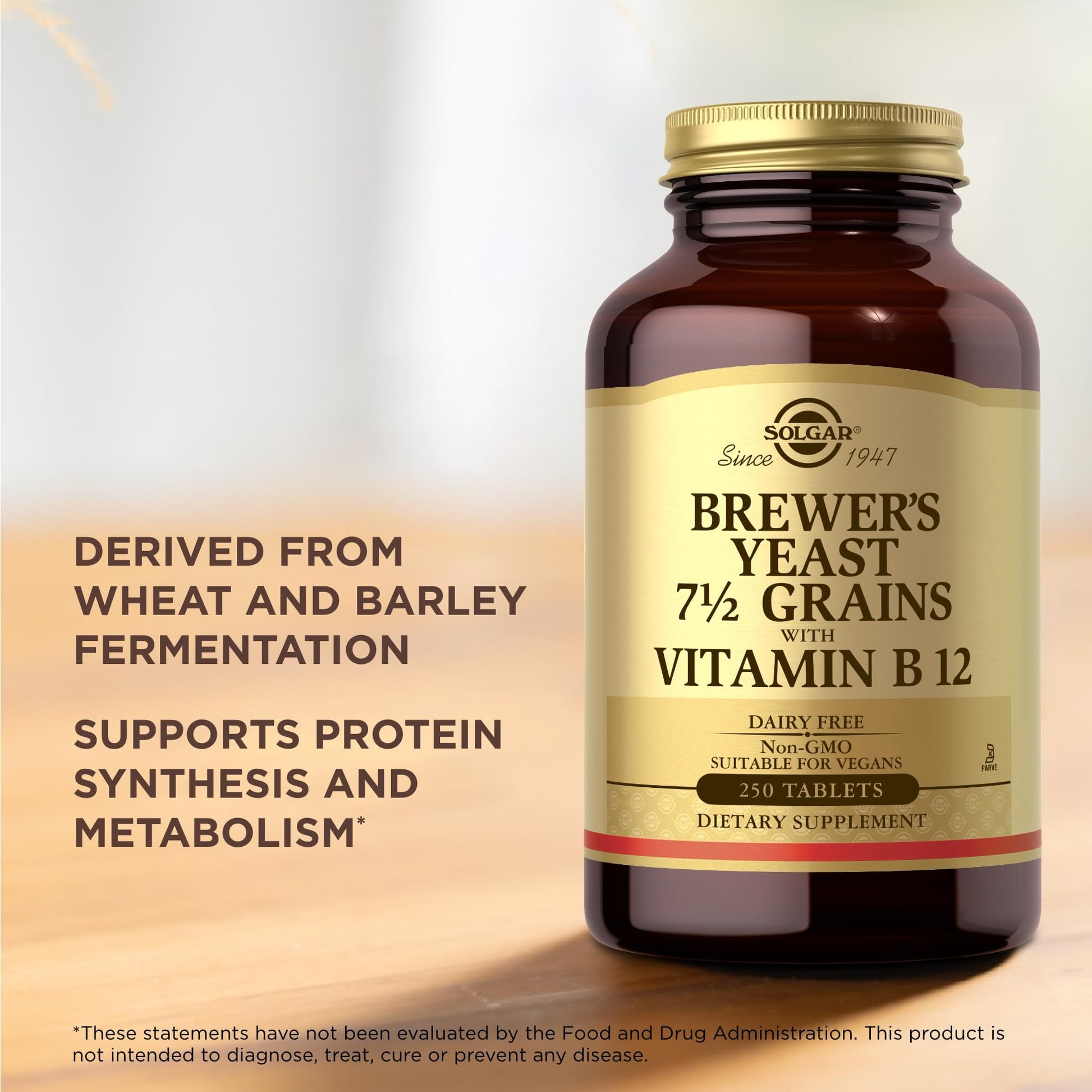 Solgar Brewer's Yeast 7 ½ Grains with Vitamin B12 - 250 Tablets - Non-GMO, Vegan, Dairy Free, Kosher - 41 Servings - Medaid International