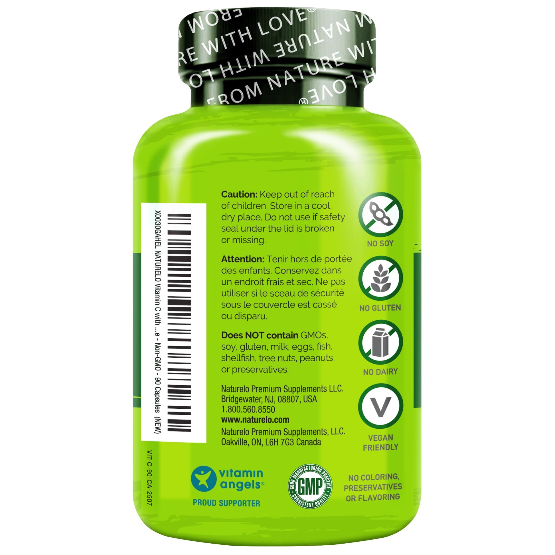 NATURELO Vitamin C with Organic Acerola Cherry Extract and Citrus Bioflavonoids - Vegan Supplement - Immune Support - 500 mg VIT C per Cap - Non-GMO - 90 Capsules - Medaid International