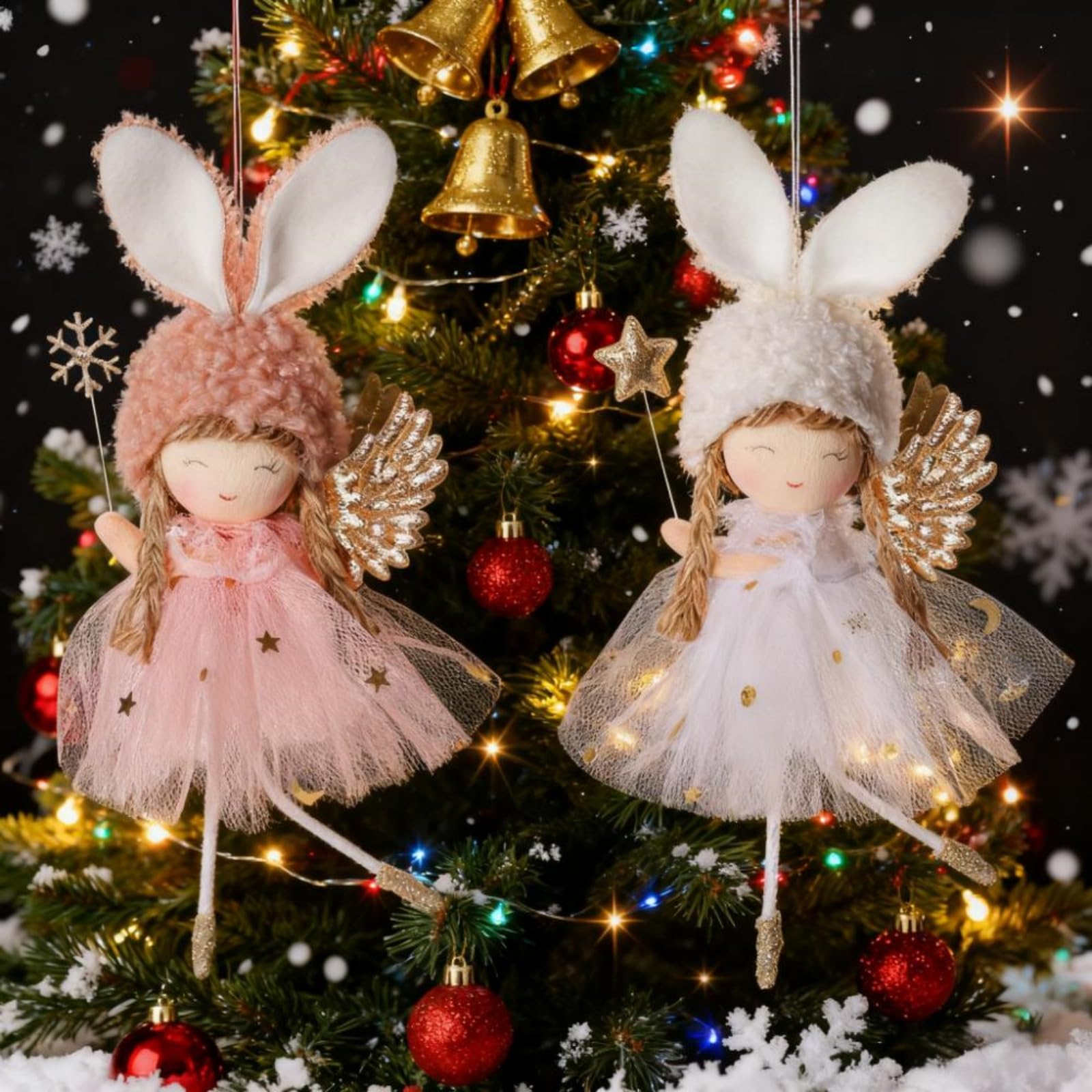 2 Pcs Merry Christmas Plush Angel Hanging Ornaments with Snowflake Glittering Wings Gauze Skirt Fluffy Decorations for Christmas Tree Fireplace and Holiday Display Xmas Indoor Party Supplies 6 Inch - Medaid International