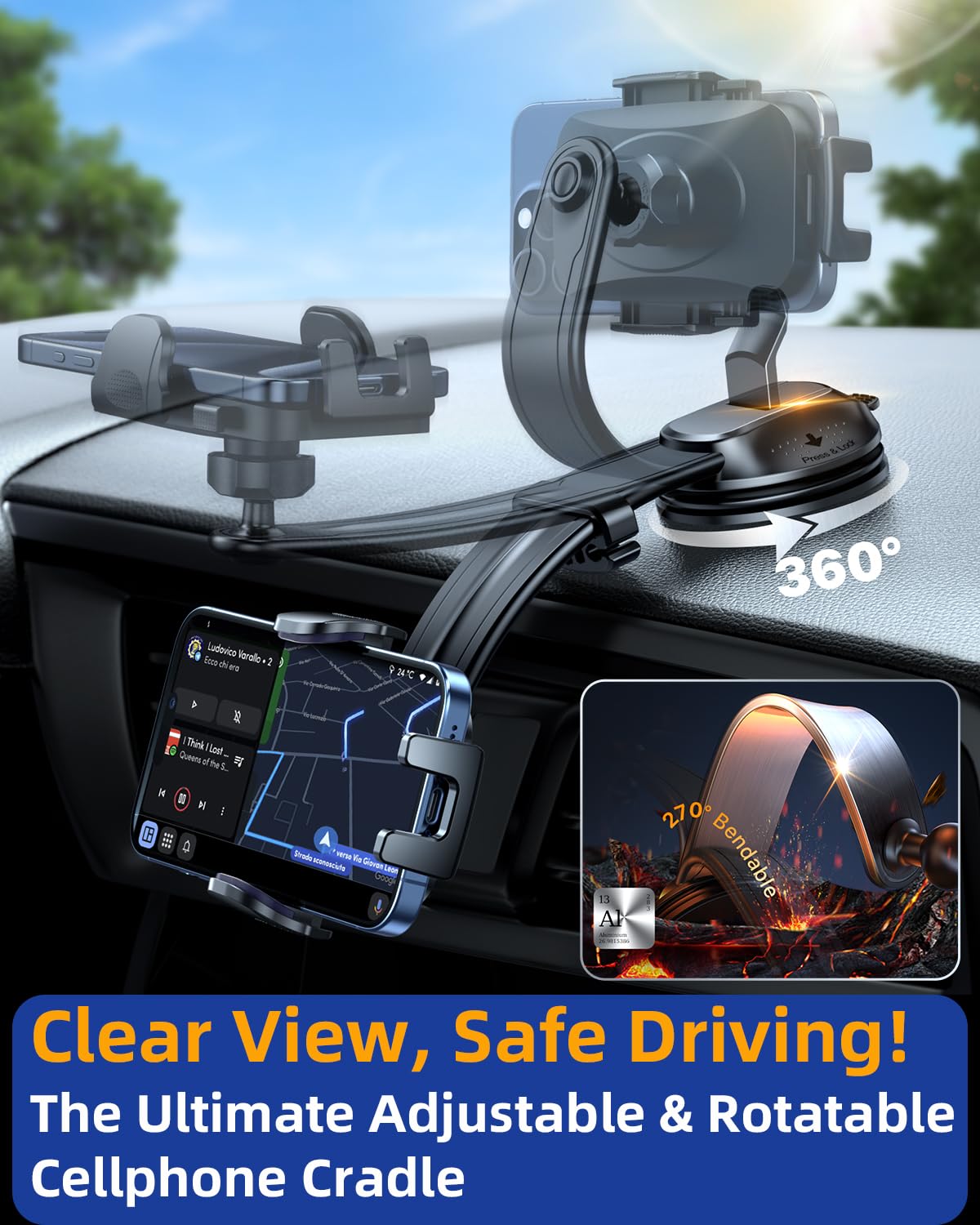 YRU [2025 Ultimate Car Phone Holder Mount [Bendable & Adjustable Aluminum Arm] Cell Phone Holder for Car Dashboard Windshield Phone Stand for iPhone 17 16 15 14 Pro Max Samsung Pickup Truck, Black - Medaid International