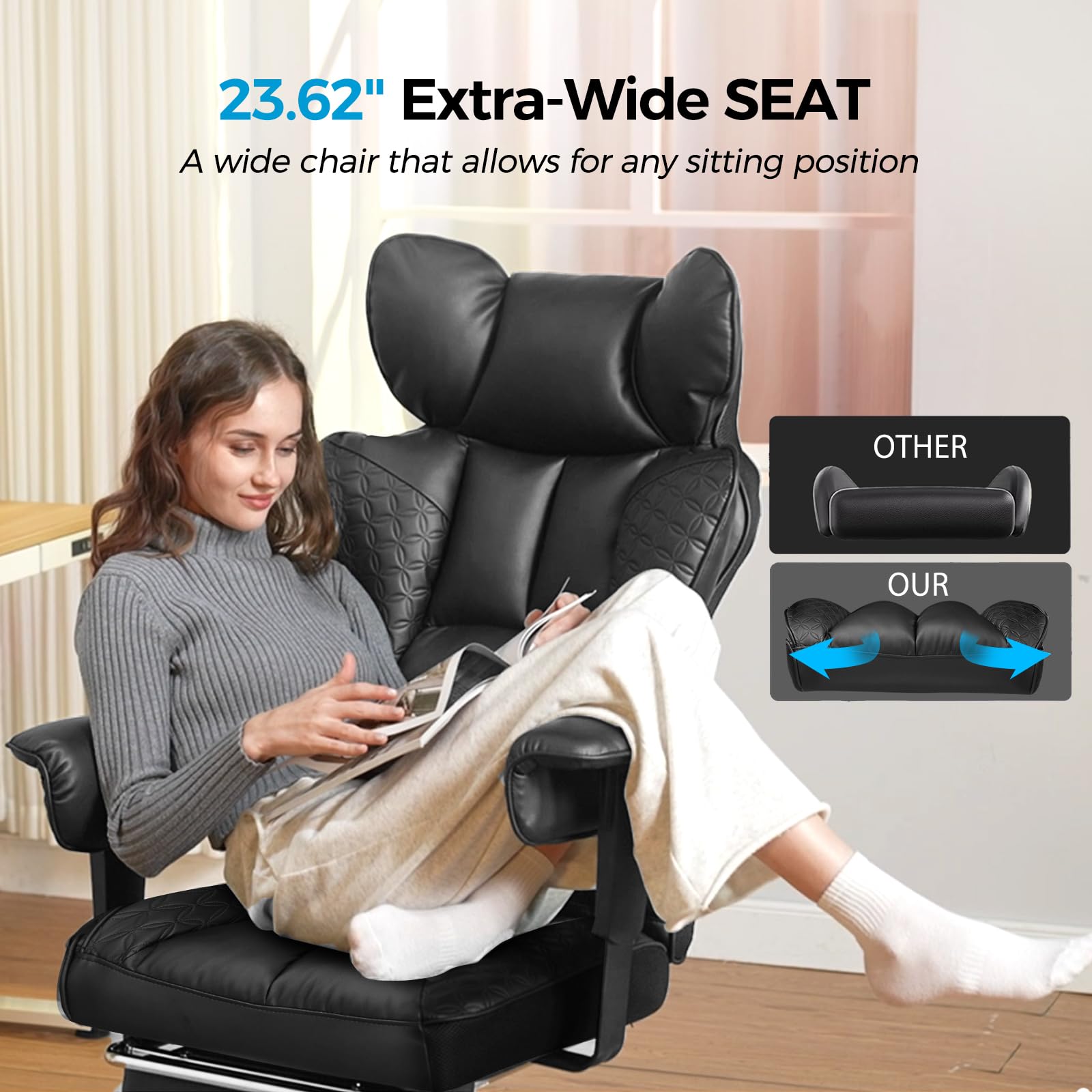 COMHOMA Big and Tall Office Chair 400LBS Wide Ergonomic Gaming Chair with Deluxe Embossing Designed Leather with Foot Rest,150°Reclining Adjustable Armrests Pocket Spring Back Support and Pillow - Medaid International