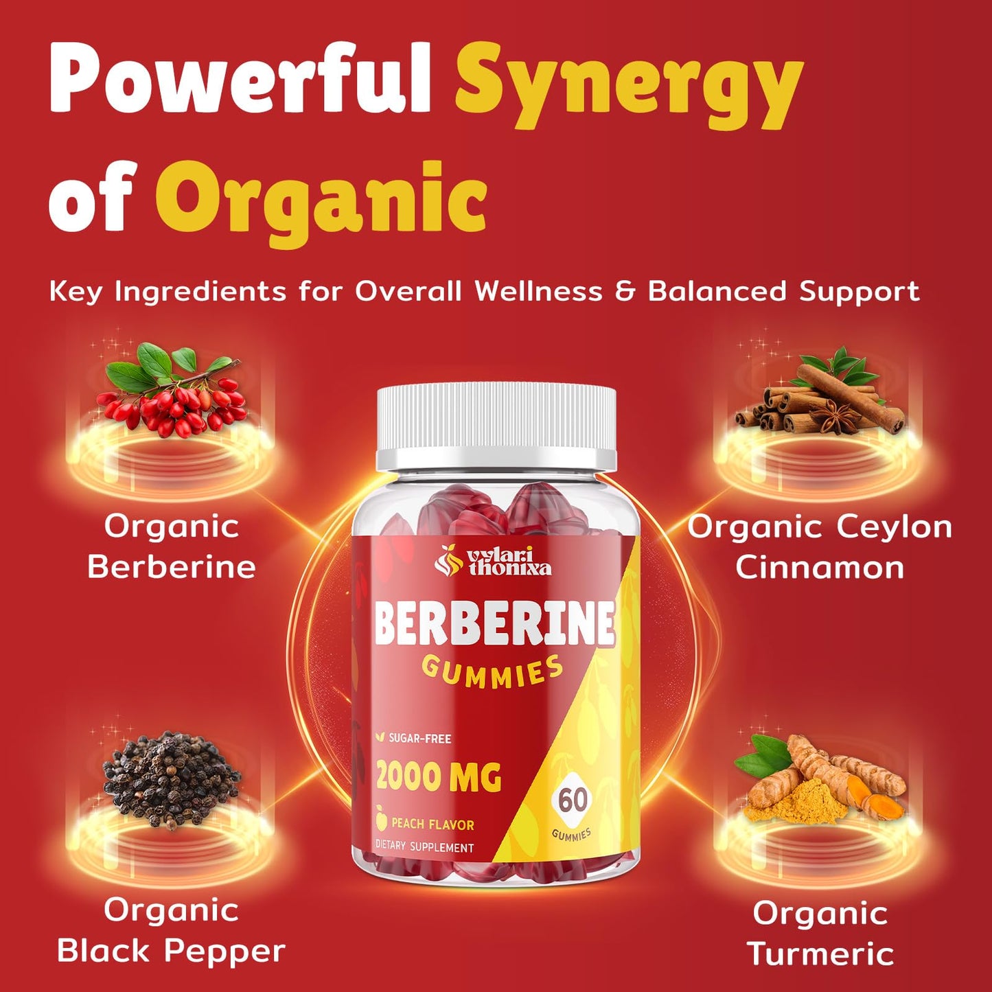 2000mg Berberine Supplement Gummies – High Potency Wellness Blend with Ceylon Cinnamon, Turmeric, Magnesium & Chromium, Vegan, Non-GMO, Gluten-Free, Peach Flavor, 60 Gummies - 1 Pack - Medaid International