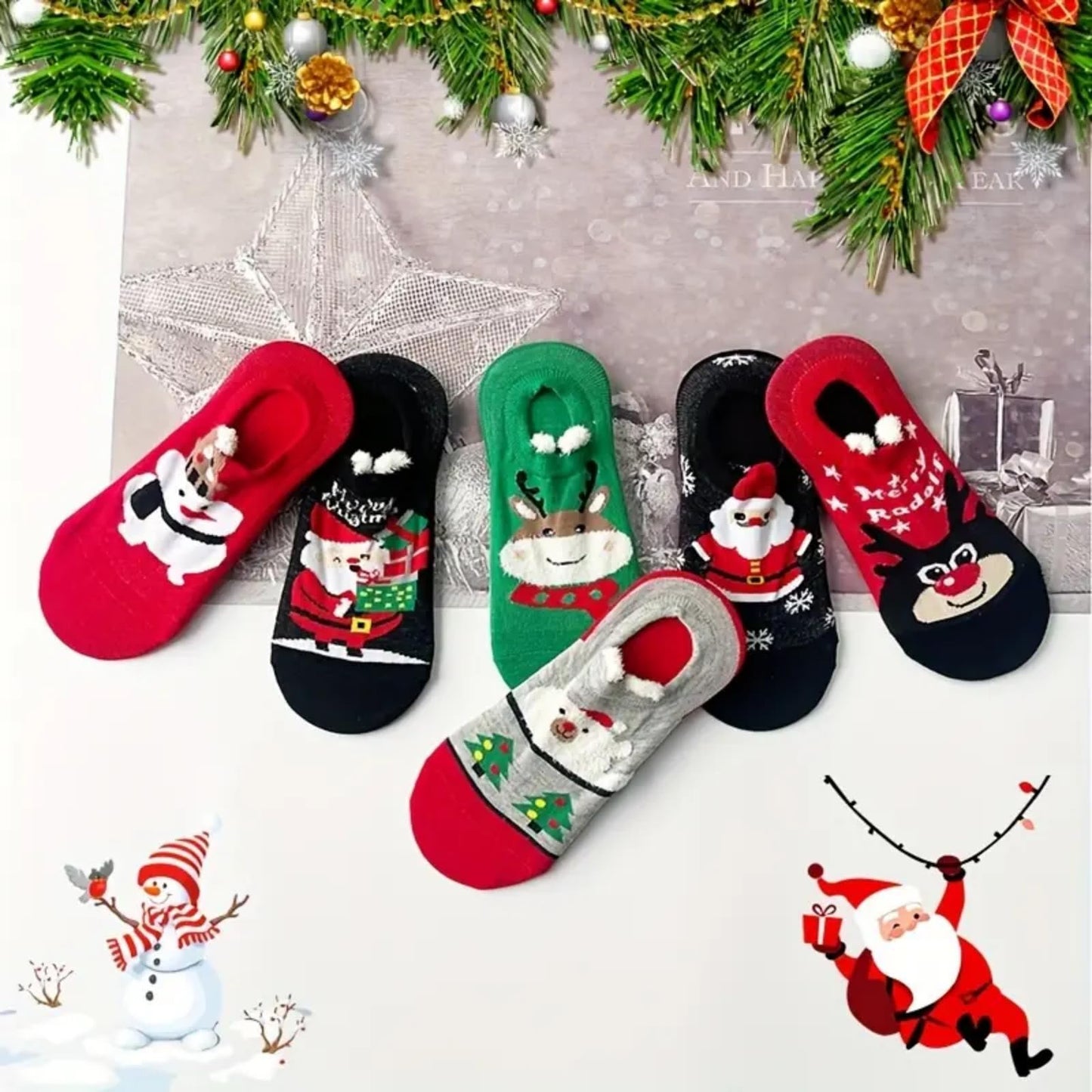 6 Pairs Cartoon Christmas Socks, Winter Warm Socks with Christmas Element Pattern for Xmas Gifts & Decor - Medaid International