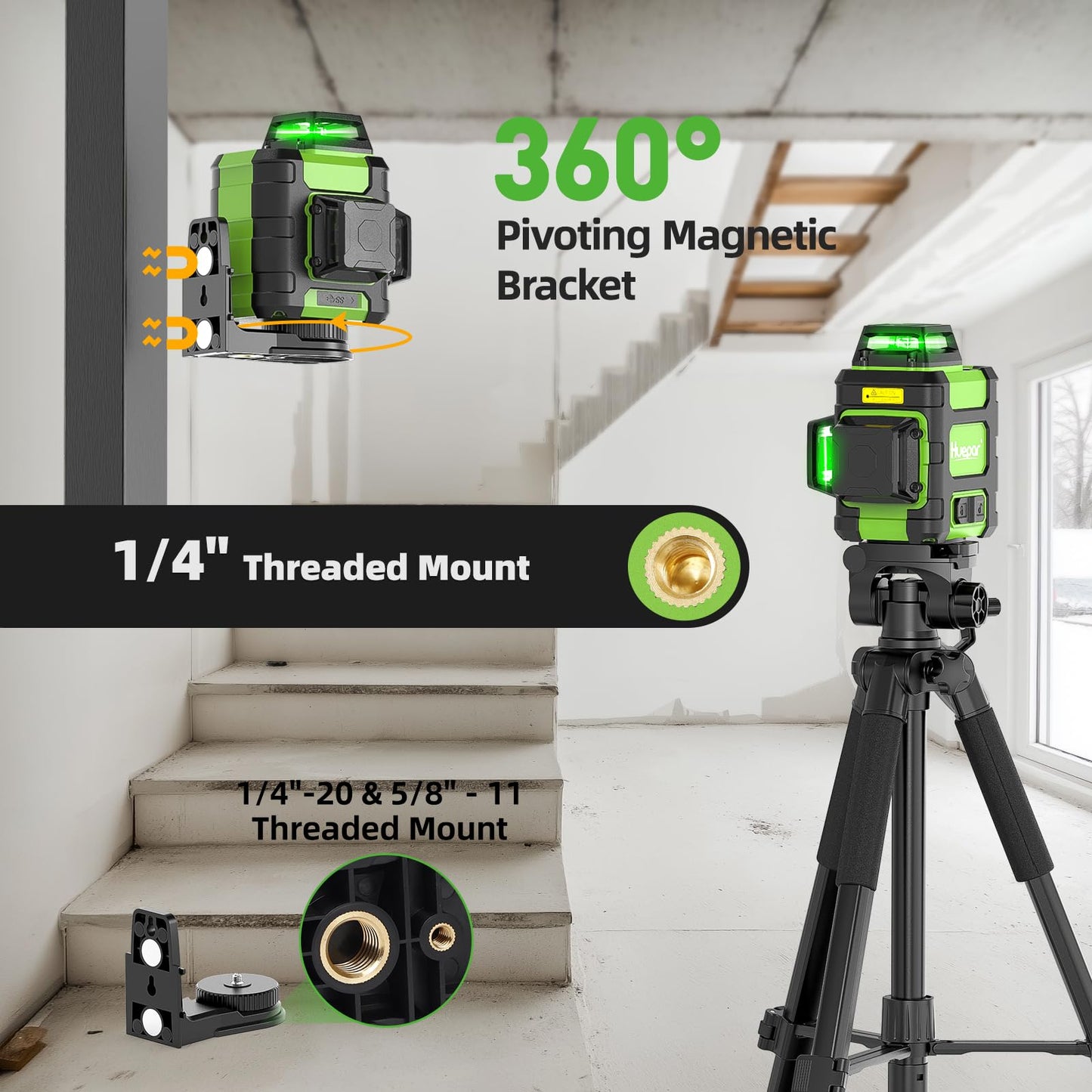 Huepar Laser Level 360 Self Leveling, Rechargeable Green Laser 3x360° Cross Line Lazer Leveler 3D Level Laser Tool for Construction and Picture Hanging, Strong Magnetic Bracket&Hard Carry Case -HM03CG - Medaid International