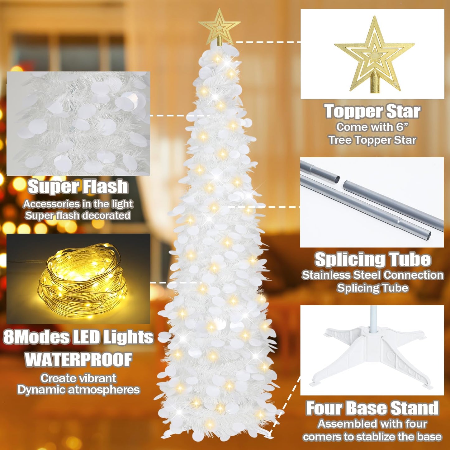 HMASYO 5 FT Pop Up Christmas Tree with Timer Lights, White Christmas Tinsel Tree, Collapsible Artificial Pencil Christmas Tree for Indoor Home Apartment Porch Holiday Party Decorations - Medaid International