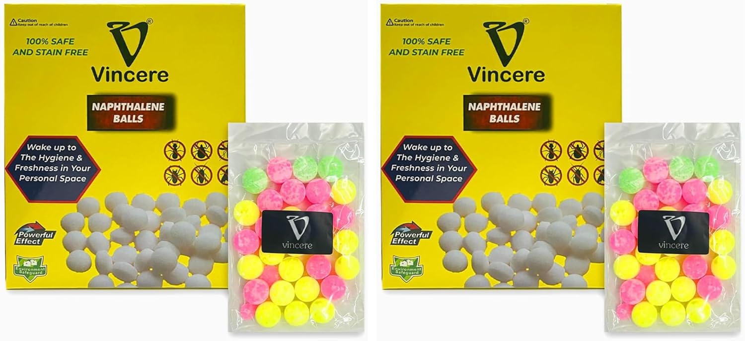Vincere Naphthalene Balls 100g, Moth Balls, Stain Free, Repells Insects, Moths, Cockroaches, Naphthalene Balls for Wardrobe, Bathroom, Toilet, Basins, Bidets (Single) (Pack of 2) - Medaid International