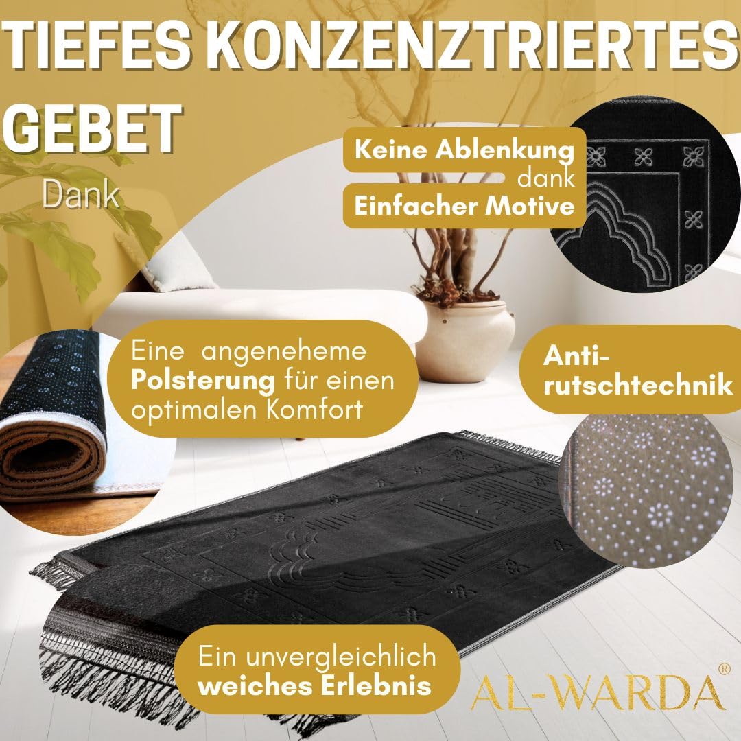 AL-WARDA Muslim Prayer Mat - Super Comfortable and Soft Plush Prayer Mat - Thick Muslim Prayer Mat - Soft as a Cloud, Ideal for Knees and Forehead (Black) - Medaid International