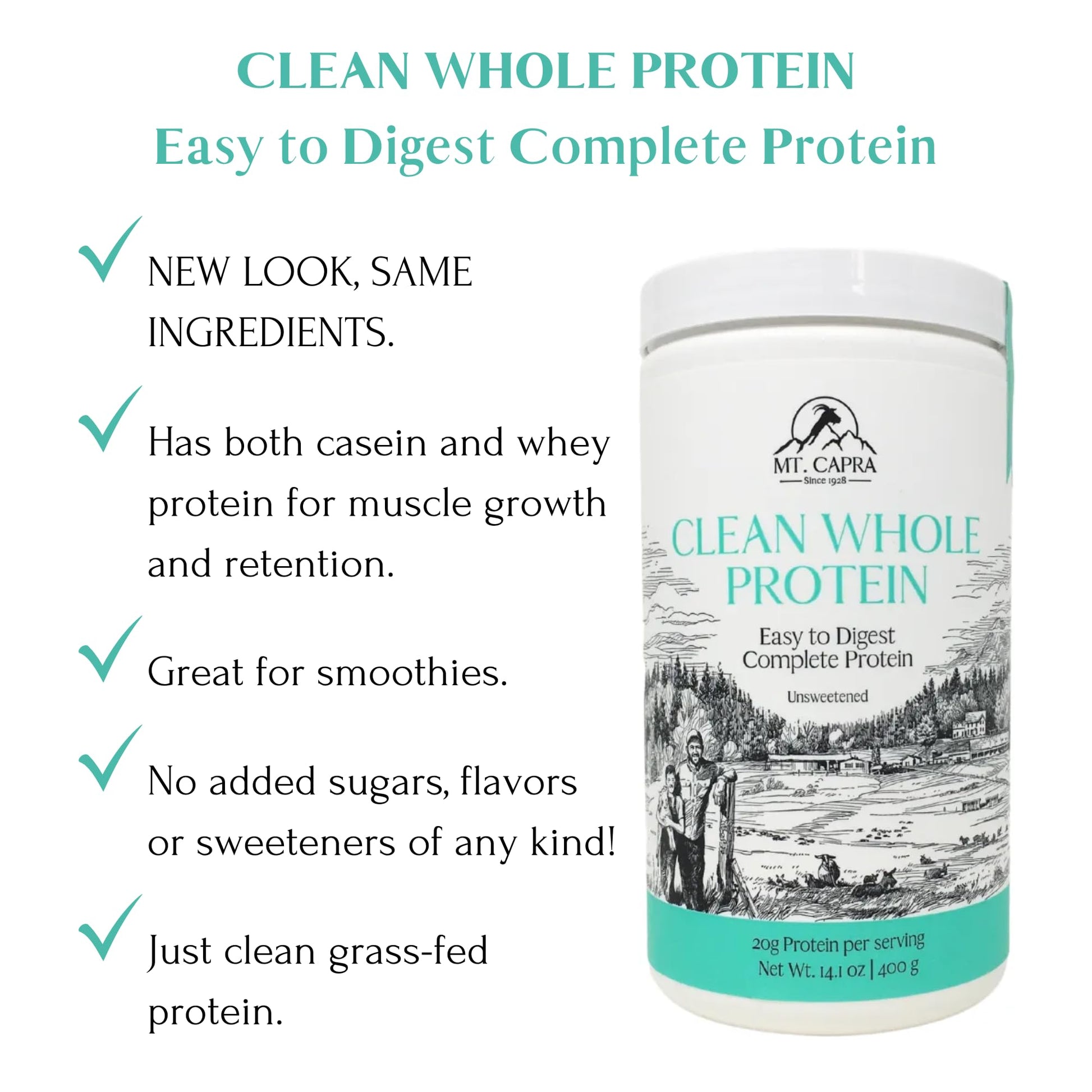 Mt. Capra Clean Whole Protein | Grass-Fed Goat Protein with Whey and Casein Protein | No Bloat, Build and Maintain Muscle, 20 g Protein per Serving, No Sweeteners | 13 Servings - 400 g - Medaid International