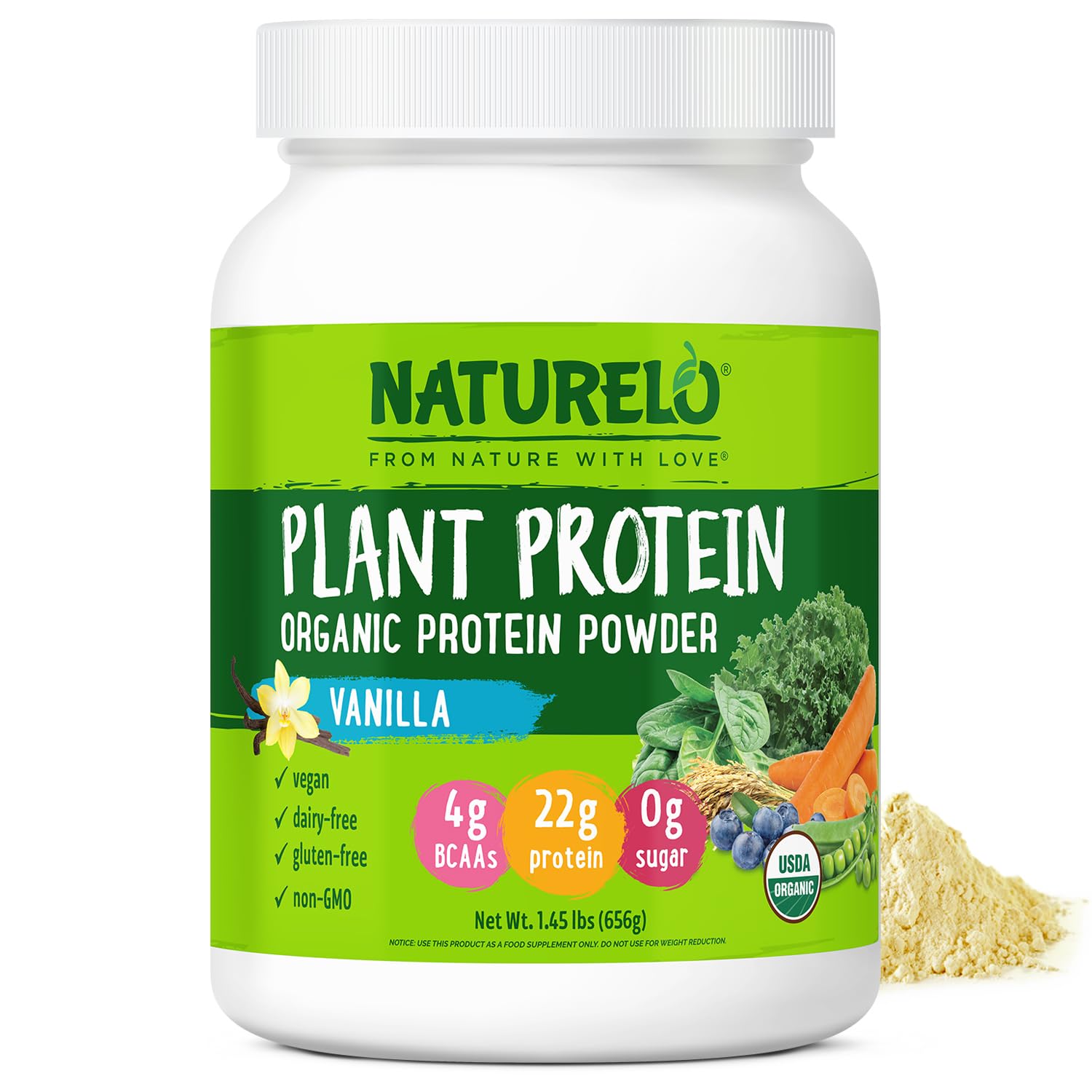 NATURELO Plant Protein Powder, Vanilla, 22g Protein - Non-GMO, Vegan, No Gluten, Dairy, or Soy - No Artificial Flavors, Synthetic Coloring, Preservatives, or Additives - 20 Servings - Medaid International