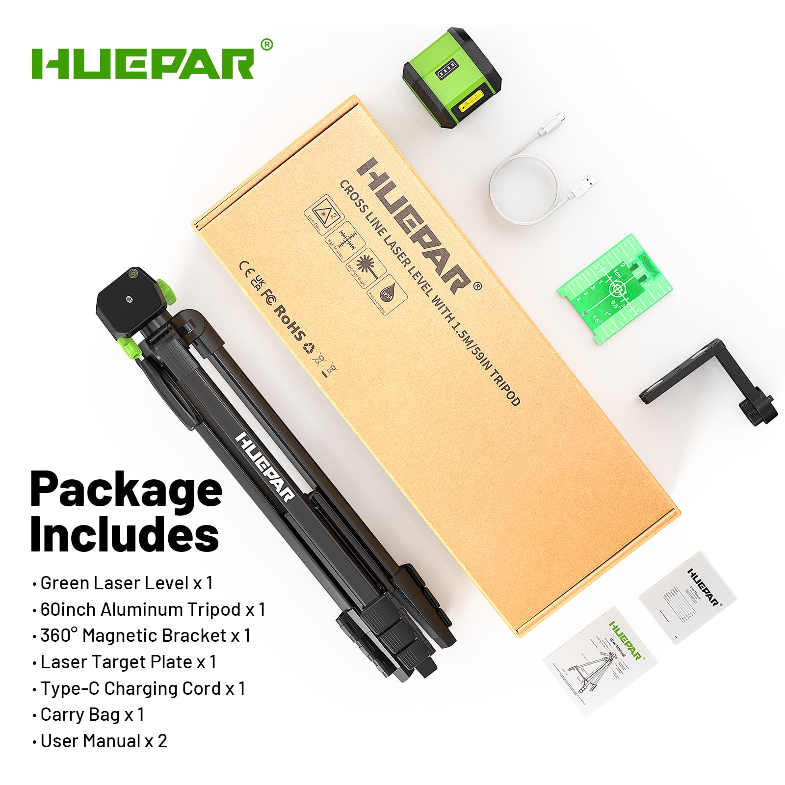 Laser Level with 60 Inch Tripod, Huepar 100Ft Self Leveling Laser Level Rechargeable Green Cross Line Lazer Leveler Tool for Picture Hanging, Tile, Home Renovation, 360° Magnetic Bracket &Target Plate - Medaid International