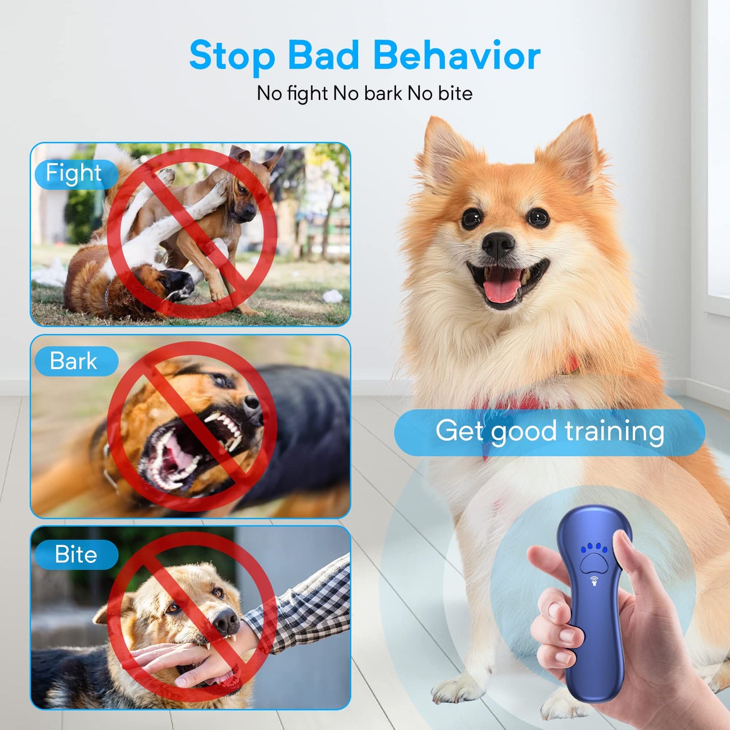 Ahwhg New Anti Barking Device,Dog Barking Control Devices,Rechargeable Ultrasonic Dog Bark Deterrent up to 16.4 Ft Effective Control Range Safe for Human & Dogs Portable Indoor & Outdoor(Blue) - Medaid International