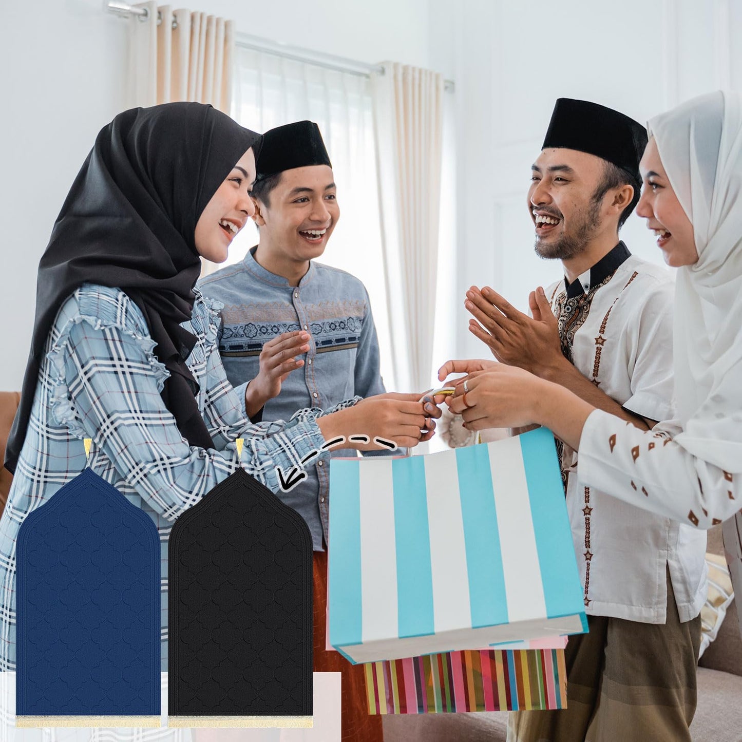 Fanfanwin 2 Pcs Muslim Prayer Rug Blue and Black Thickening Sponge Muslim Rug Islamic Prayer Mat with 2 Pcs Prayer Beads Islam Gifts for Men Women Eid Travel Ramadan - Medaid International