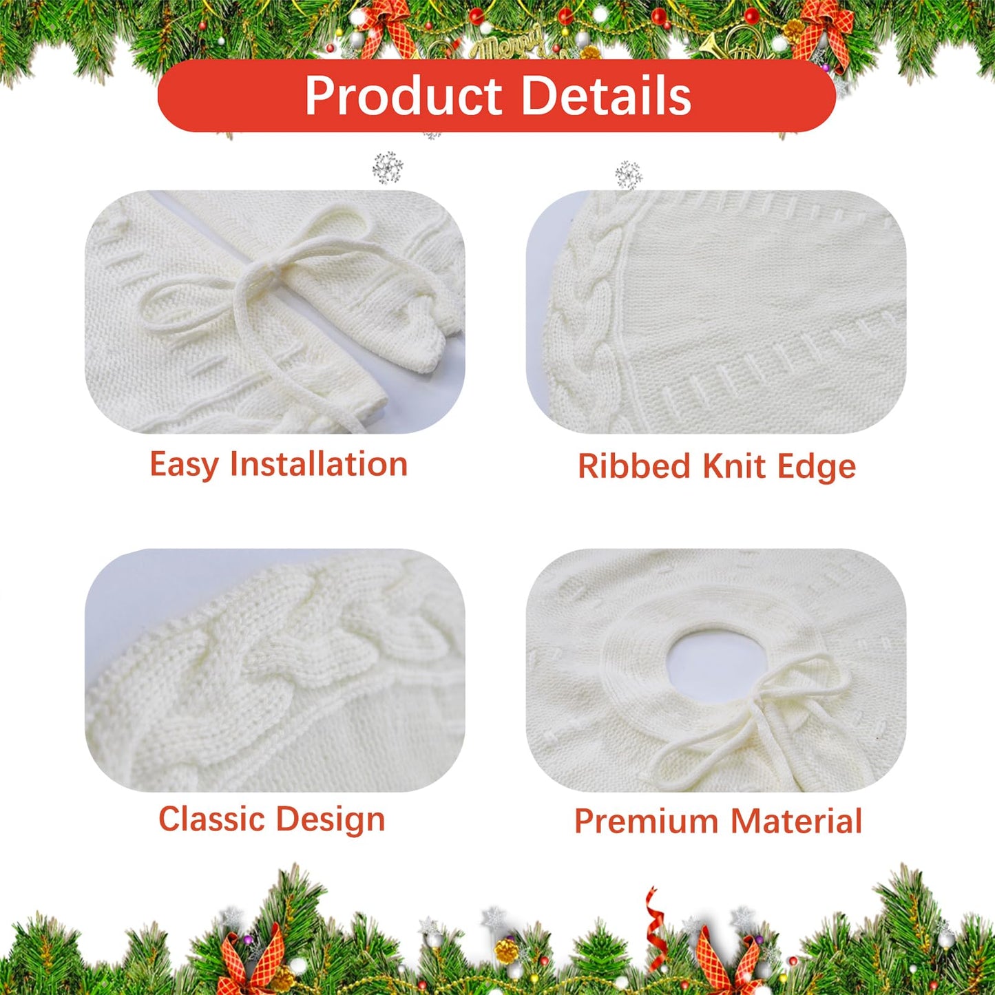 PUKUPIG 24 Inch White Knitted Small Christmas Tree Skirt, Chunky Cable Knit with Braided Scalloped Edge, Perfect for Xmas Holiday Decorations - Medaid International