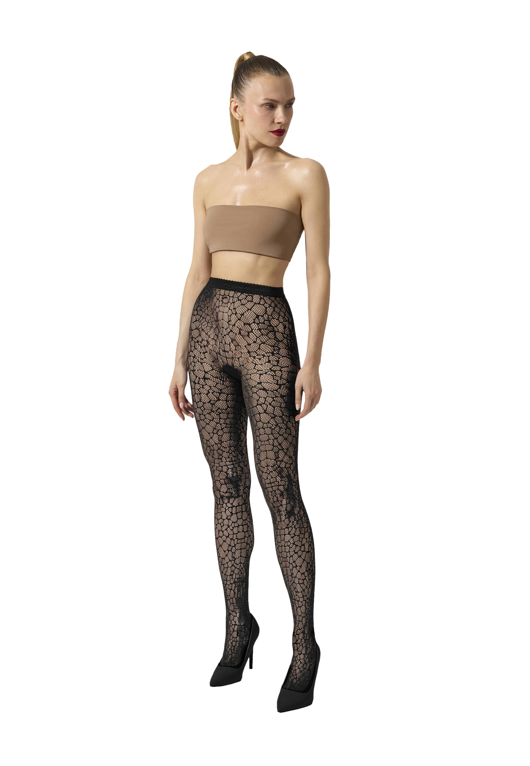 Wolford Reptile Net Tights for Women Seamless Snakeskin Fishnet Pantyhose Matte Finish Logo Waistband Eco Recycled Yarn Black Large - Medaid International