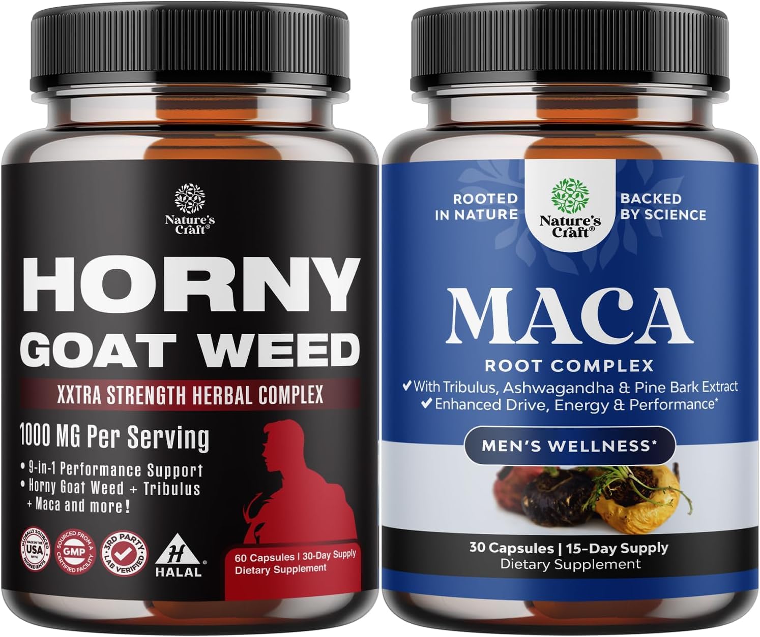 Bundle of Horny Goat Weed Extract Complex for Men and Women Enhanced Energy and Stamina and Black Maca Root Capsules for Men - Invigorating Drive Mood & Energy Booster for Men - Medaid International