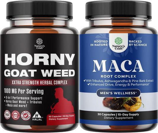 Bundle of Horny Goat Weed Extract Complex for Men and Women Enhanced Energy and Stamina and Black Maca Root Capsules for Men - Invigorating Drive Mood & Energy Booster for Men - Medaid International
