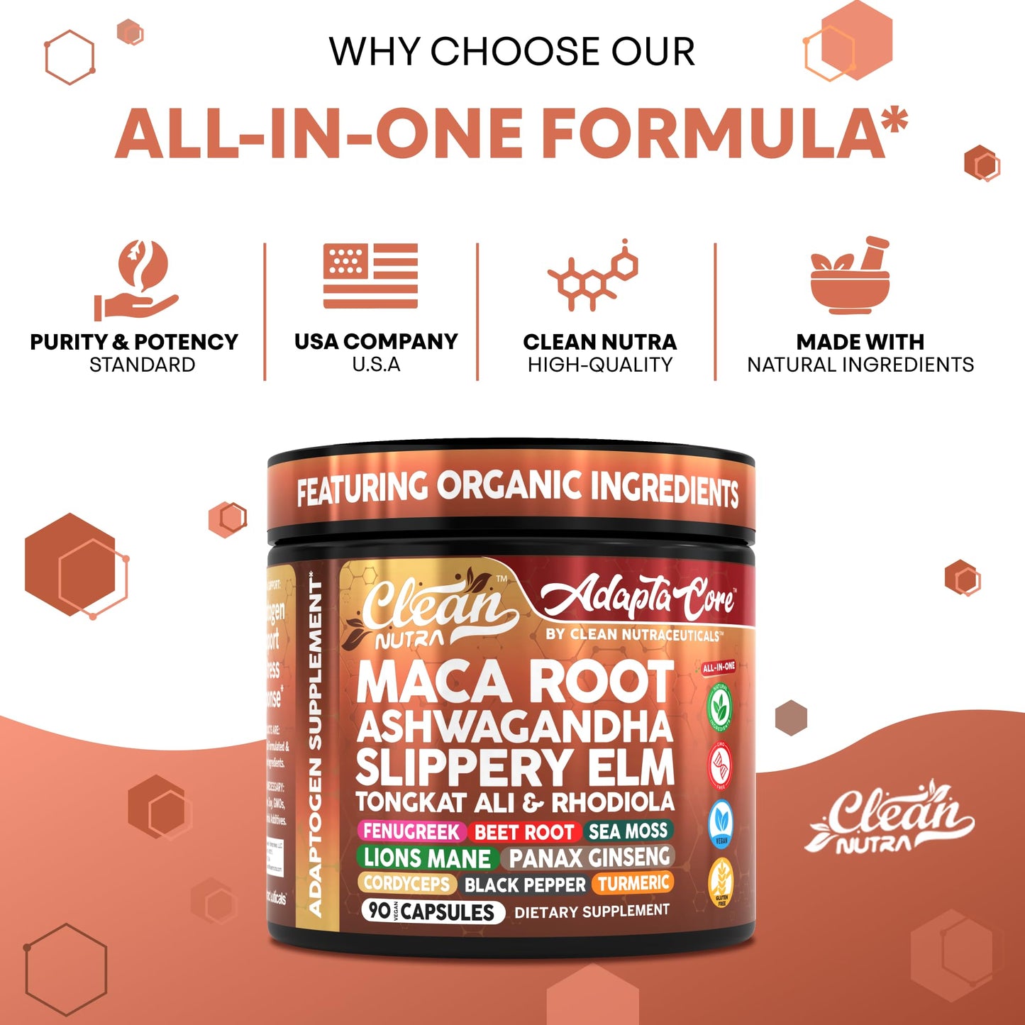 Adapta Core Adaptogens Supplements | Maca Root Ashwagandha Slippery Elm Tongkat Ali Rhodiola Rosea Fenugreek Beetroot Sea Moss Ginseng Pepper Mushrooms Horny Goat Weed 90 Capsules by Clean Nutra - Medaid International