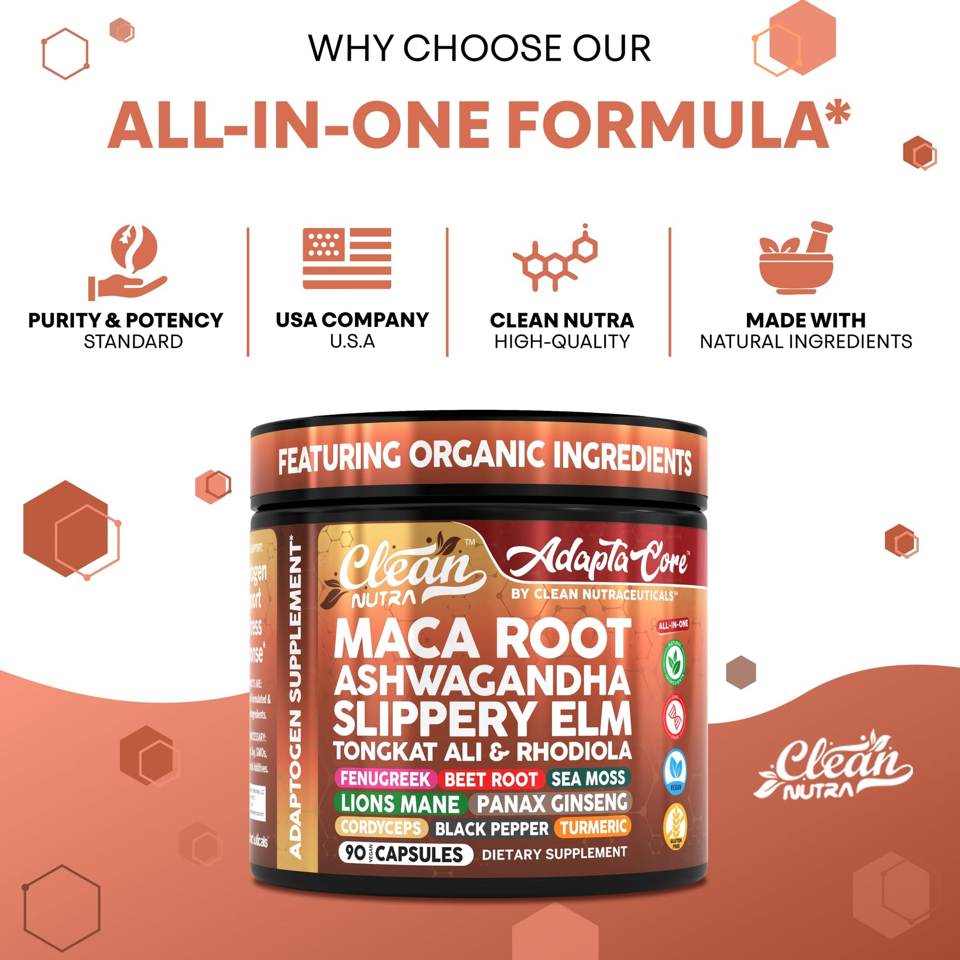 Adapta Core Adaptogens Supplements | Maca Root Ashwagandha Slippery Elm Tongkat Ali Rhodiola Rosea Fenugreek Beetroot Sea Moss Ginseng Pepper Mushrooms Horny Goat Weed 90 Capsules by Clean Nutra - Medaid International