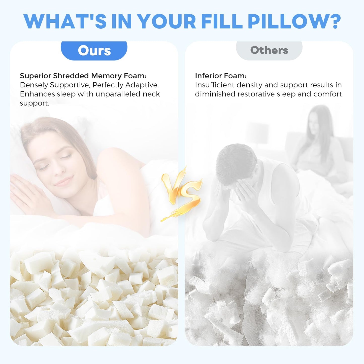 VONPURE Shredded Memory Foam Pillows Queen Size Set of 2, Adjustable Loft Cooling Firm Bed Pillows for Hot Sleepers, Side Back and Stomach Sleepers - Medaid International