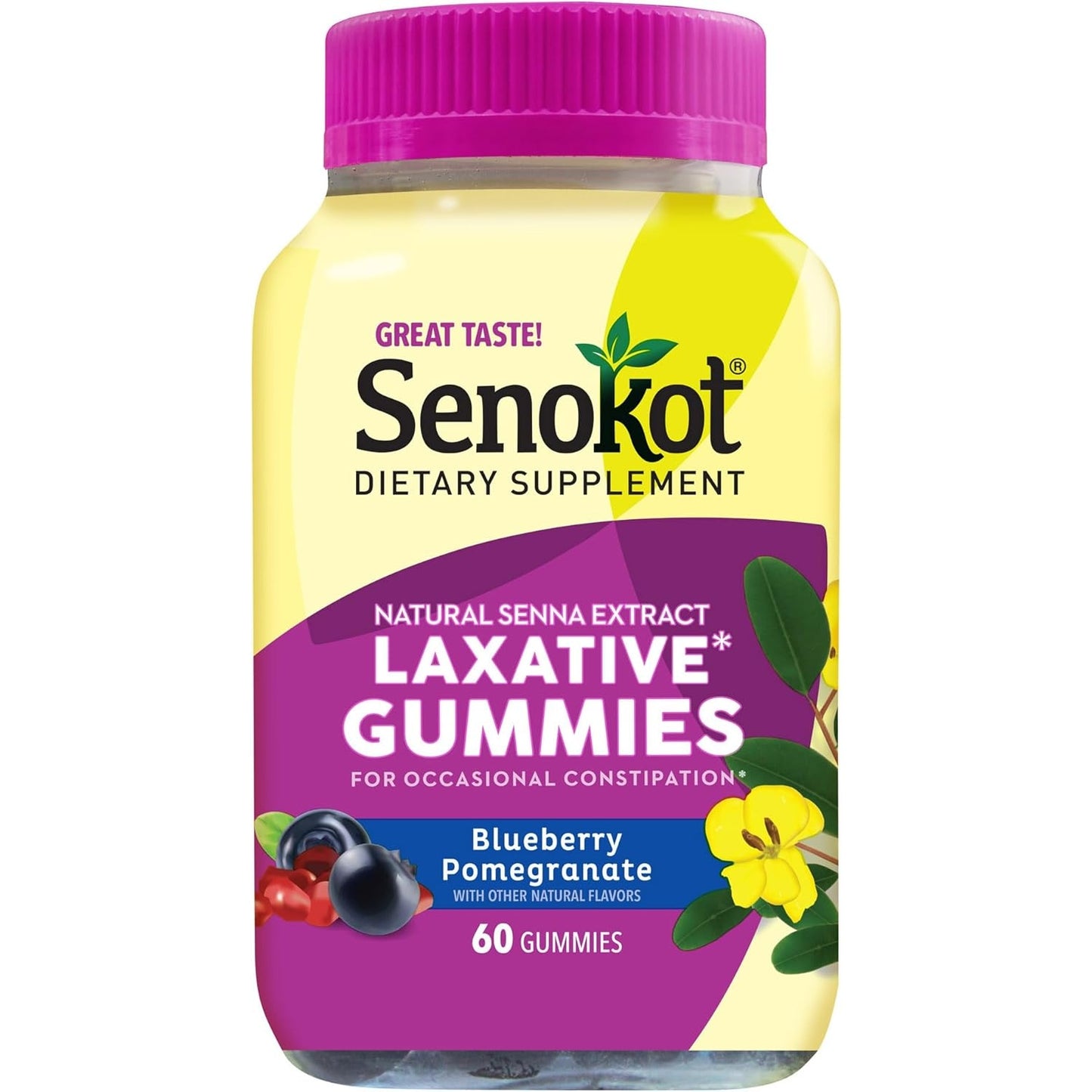 Senokot Dietary Supplement Laxative Gummies, Natural Senna Extract, Gentle, Overnight Relief From Occasional Constipation, Blueberry Pomegranate Flavor, 60 Count - Medaid