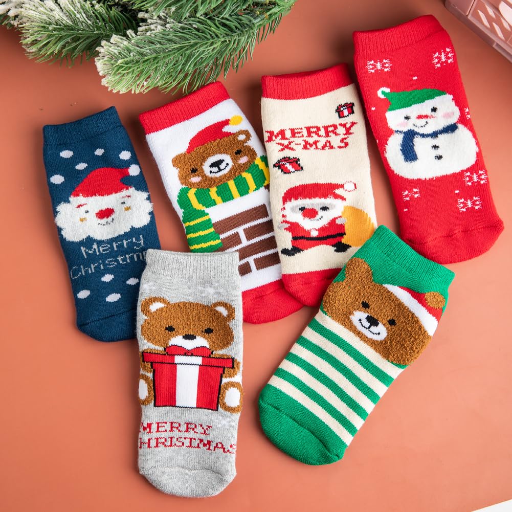 Yvinak Christmas Socks for Kids Toddlers - Xmas Holiday Crew Socks for Boys and Girls - Winter Warm Socks 6 Pairs - Medaid International