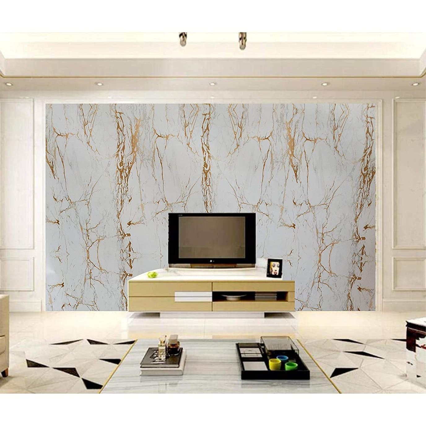 WALLTON Wall Stickers Marble (16 x 48 Inches) Jade Kitchen Counter, Cabinet Makeover, Almirah, Plastic & Wooden Tabletop, Wardrobe, PVC DIY Self Adhesive - White, Golden Marble Matte - Medaid International