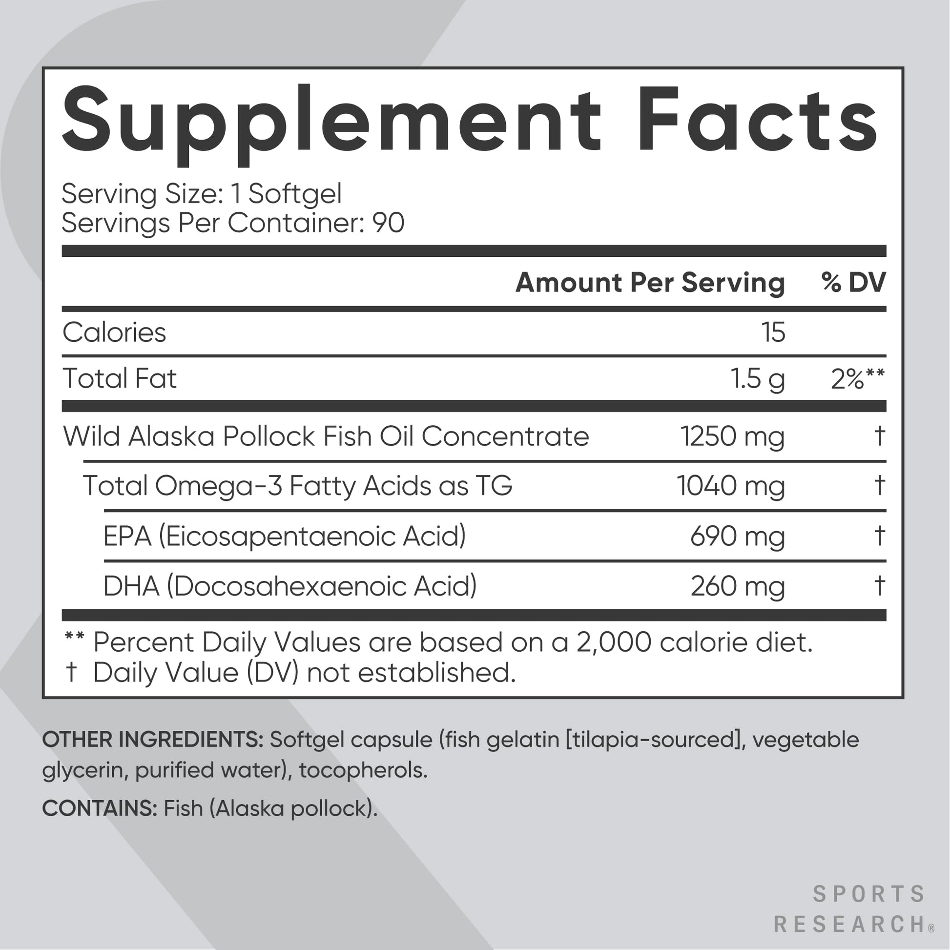 Sports Research Triple Strength Omega 3 Fish Oil - Burpless Fish Oil Supplement w/EPA & DHA Fatty Acids from Single-Source Wild Alaskan Pollock - 1250 mg, 90 ct - Medaid International