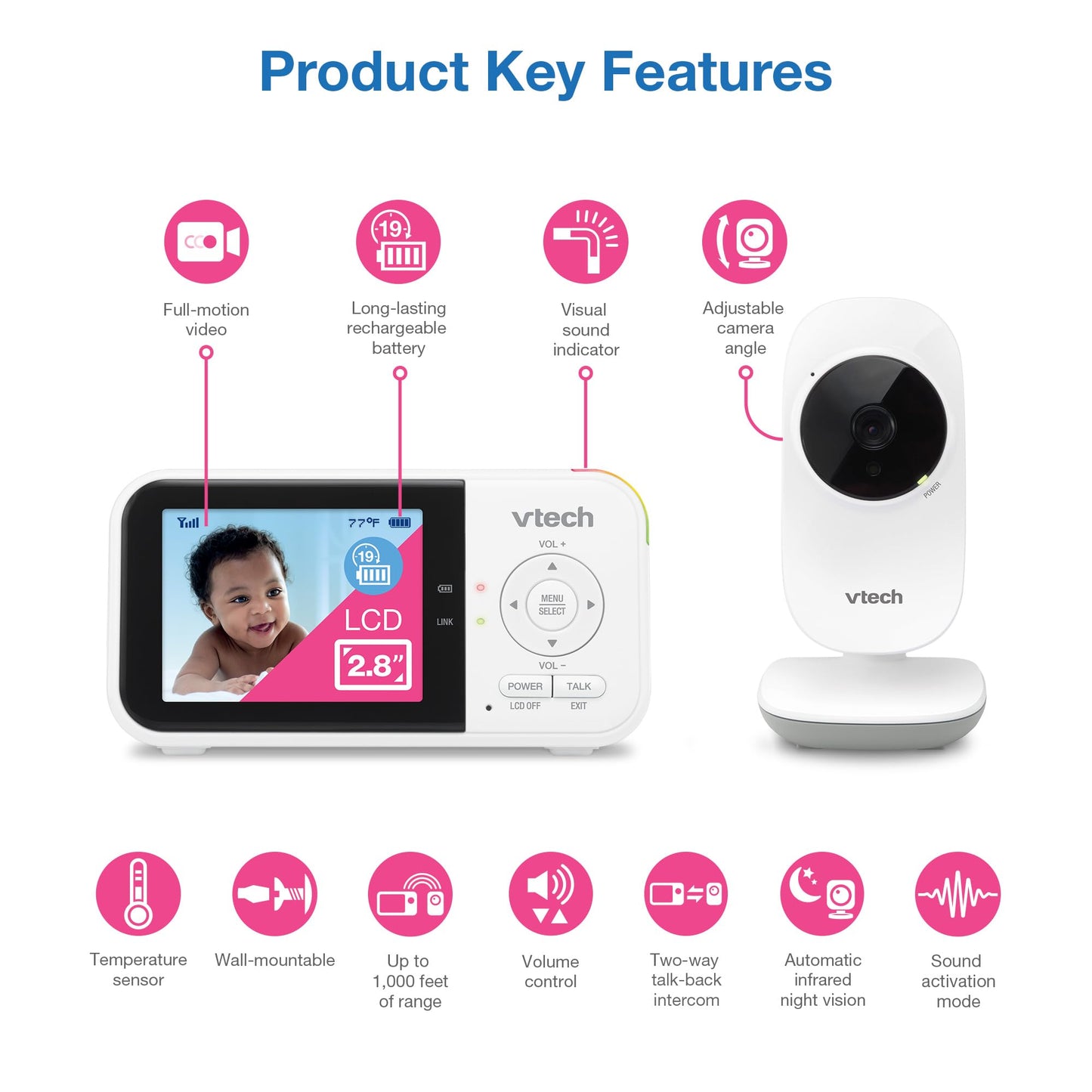 VTech VM819 Baby Monitor with Camera and Audio, 2.8” Screen Portable Baby Camera, Night Vision, 2-Way Audio, Temperature Sensor and Lullabies, Secure Transmission No WiFi, Ideal for Baby/Elderly/Pet - Medaid International