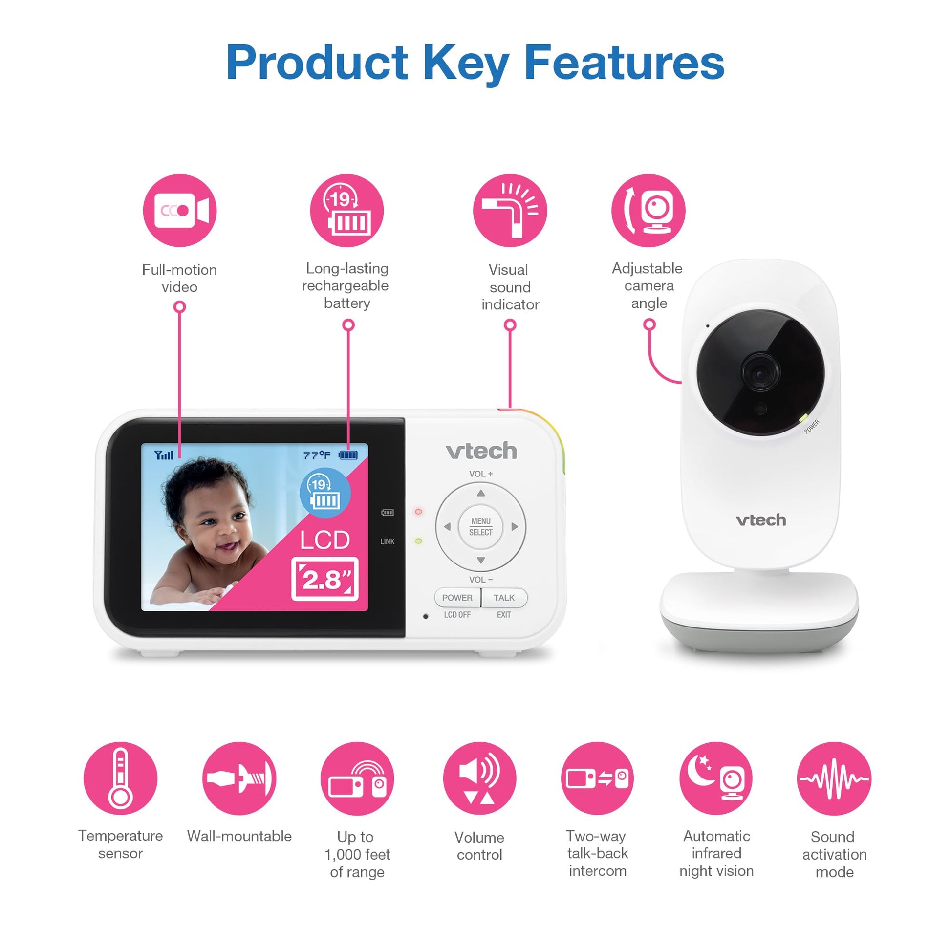 VTech VM819 Baby Monitor with Camera and Audio, 2.8” Screen Portable Baby Camera, Night Vision, 2-Way Audio, Temperature Sensor and Lullabies, Secure Transmission No WiFi, Ideal for Baby/Elderly/Pet - Medaid International