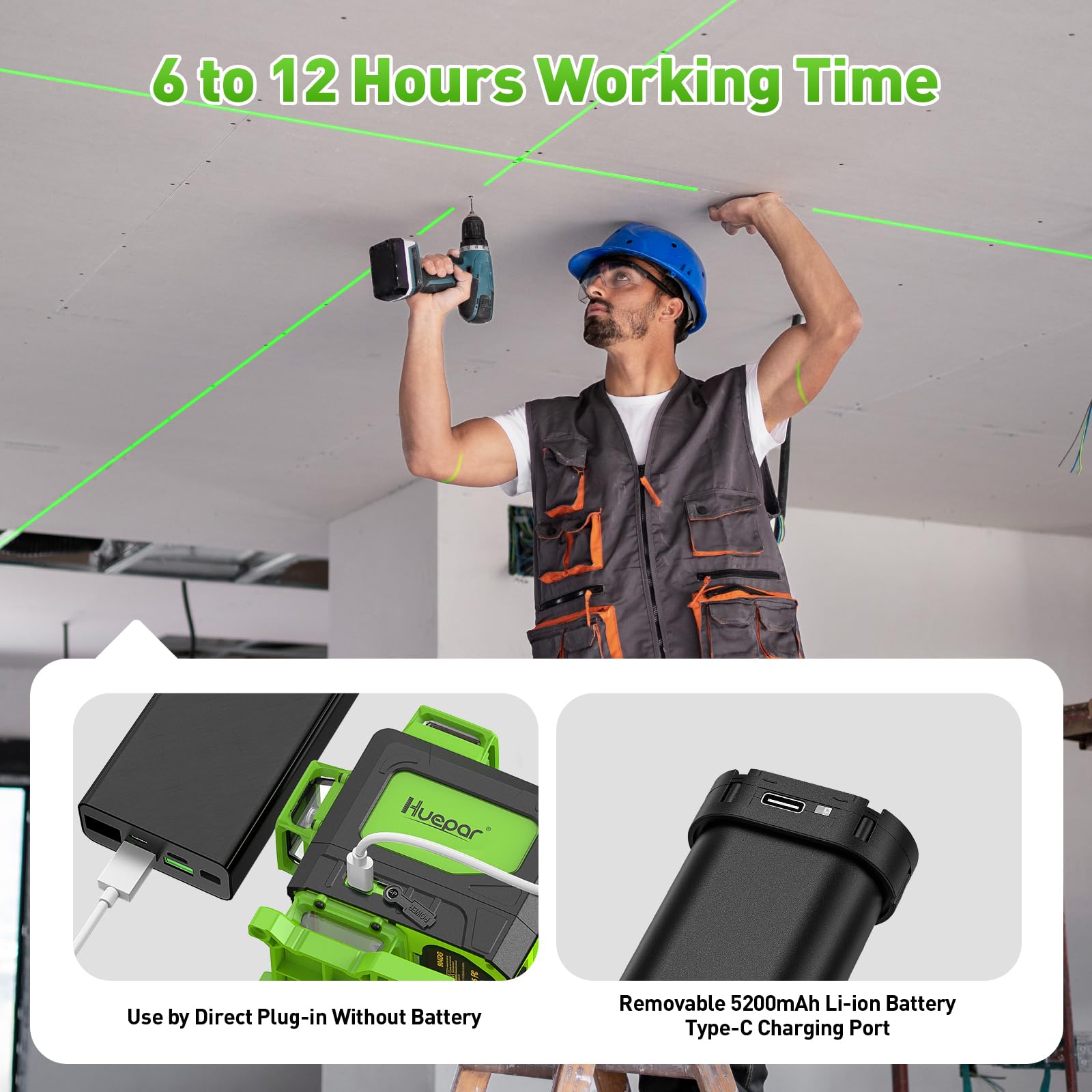 Huepar Laser Level 4x360 Self Leveling with 60" Tall Tripod, 4D Green Cross Line Lazer Leveler Tool with Outdoor Pulse Mode, 16 Lines Great for Tiling, Ceiling, Wall Work & DIY Home Renovation - Medaid International