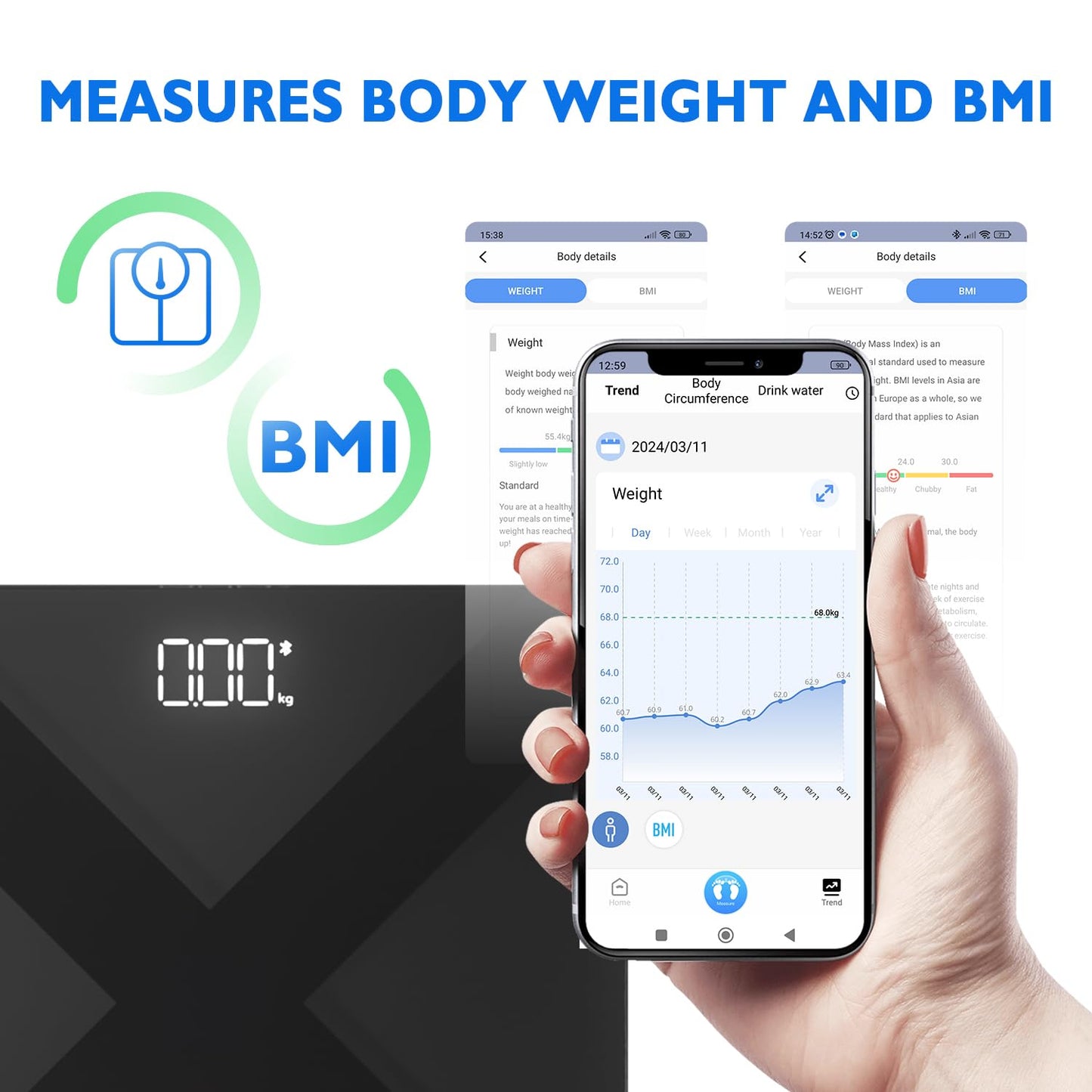 T Electronics bmi calculator Digital Scale for Body Weight with Accurate Measurement, Heavy-Duty Glass Platform, Auto On Off, Battery Powered, Bathroom Use, White - Medaid - Lebanon