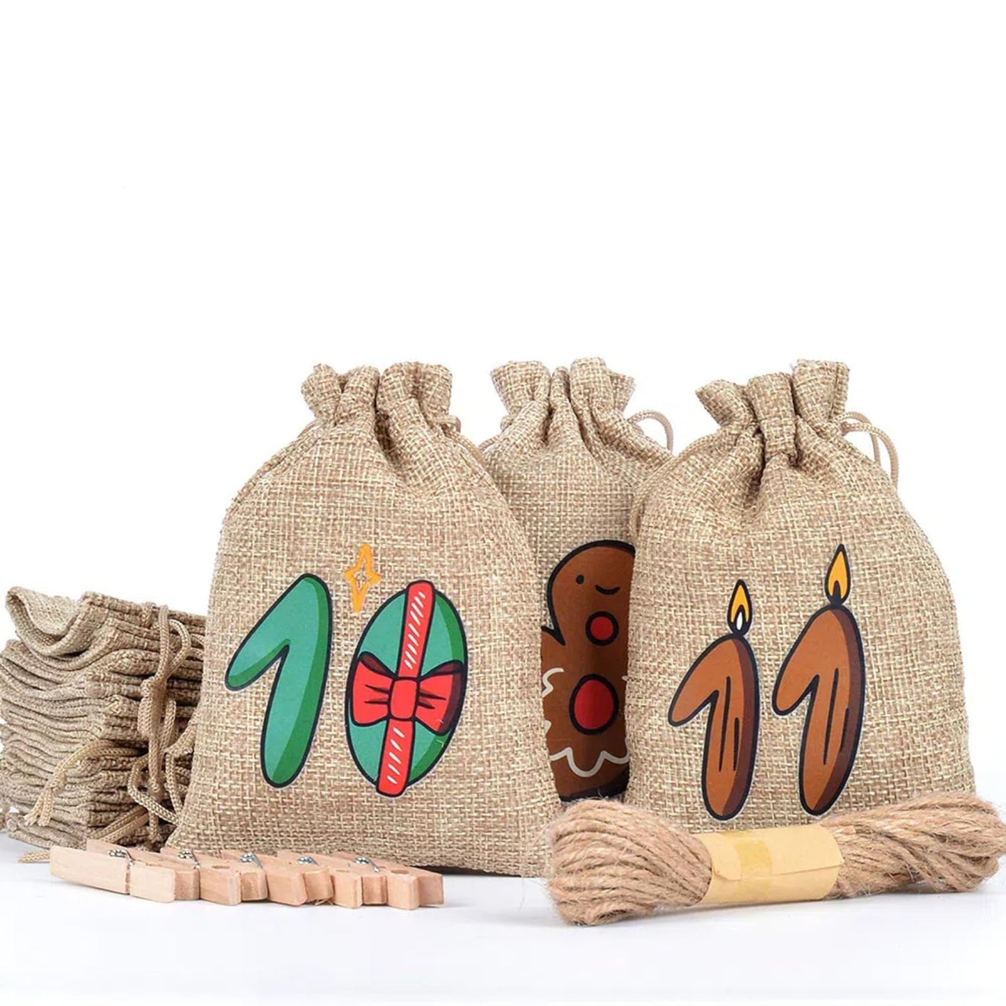 Christmas Advent Calendar Bags, 24 Days Countdown Calendar Burlap bags Hanging Advent Calendar Gift Favors for Xmas Decorations, Cute for kids, Reusable Fabric Bags With Drawstring Closure - Medaid International