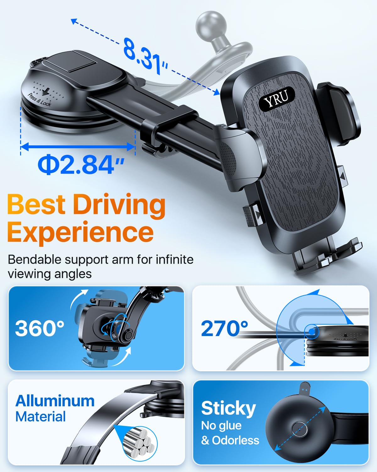 YRU [2025 Ultimate Car Phone Holder Mount [Bendable & Adjustable Aluminum Arm] Cell Phone Holder for Car Dashboard Windshield Phone Stand for iPhone 17 16 15 14 Pro Max Samsung Pickup Truck, Black - Medaid International