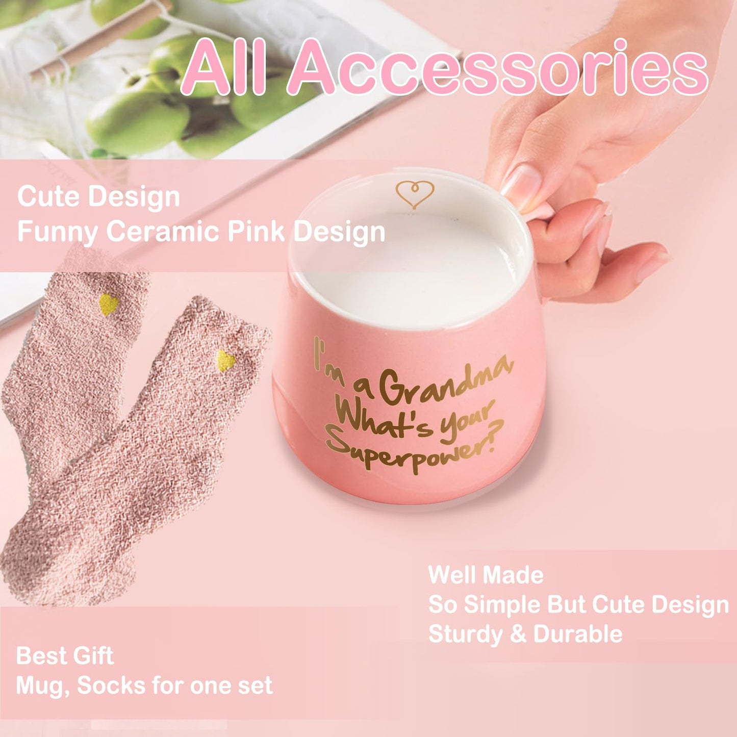 Yalucky Pink Ceramic Coffee Mug, 12 oz, 'I'm a Grandma What's Your Superpower', Includes Fuzzy Socks, Perfect for Grandma Gifts: Birthday, Mother's Day, Christmas - Medaid International
