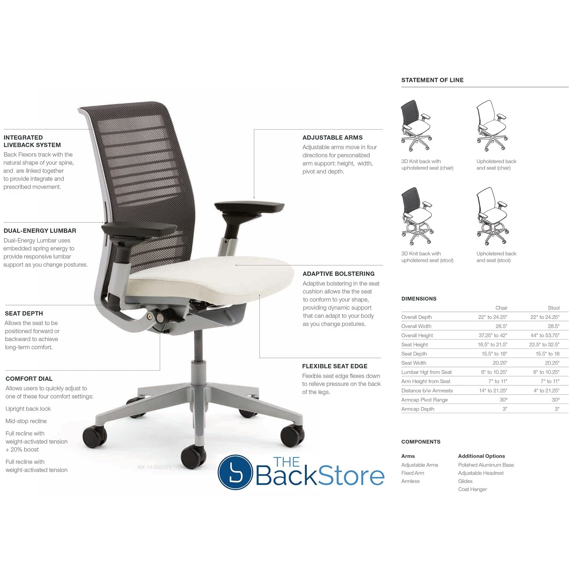 Steelcase Think Office Chair - Ergonomic Work Chair - Lumbar Support - 4D Arms - Seagull Frame with 3D Knit Back - Nickel Fabric with Wheels for Carpet Flooring - Medaid International